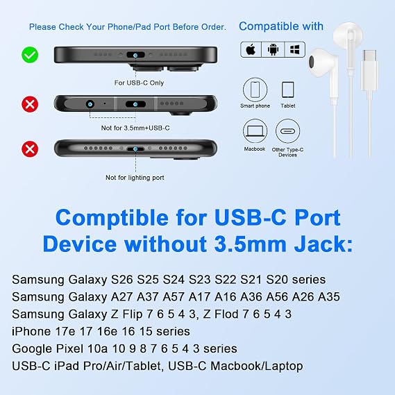 iPhone 16e 16 Pro Max 16 Plus 16 Plus 16 Pro 16 15 Pro Max 15 Plus Pro 15, C Tipi Kablolu Kulaklık USBC Kulaklıklar Samsmung Galaxy S25 Ultra A16 A35 A26 A36 A56 için Mikrofonlu Kulak Tomurcukları