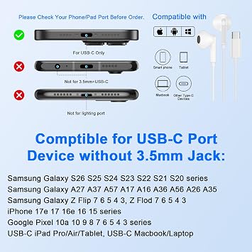 iPhone 16e 16 Pro Max 16 Plus 16 Plus 16 Pro 16 15 Pro Max 15 Plus Pro 15, C Tipi Kablolu Kulaklık USBC Kulaklıklar Samsmung Galaxy S25 Ultra A16 A35 A26 A36 A56 için Mikrofonlu Kulak Tomurcukları