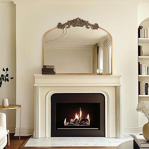 Miniatura 8 de USHOWER Gold Anthropologie - Espejo arqueado vintage de 36 x 30 pulgadas, espejo adornado barroco grande con marco de latón antiguo para chimenea,