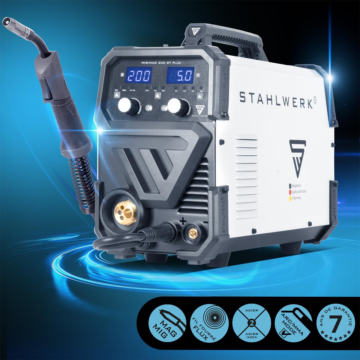 STAHLWERK Poste à souder MIG/MAG 200 ST – Inverter IGBT 200 A, poste sous gaz avec dévidage synergique, compatible FLUX (fil fourré), fonctionnel Lift-TIG & MMA (ARC)