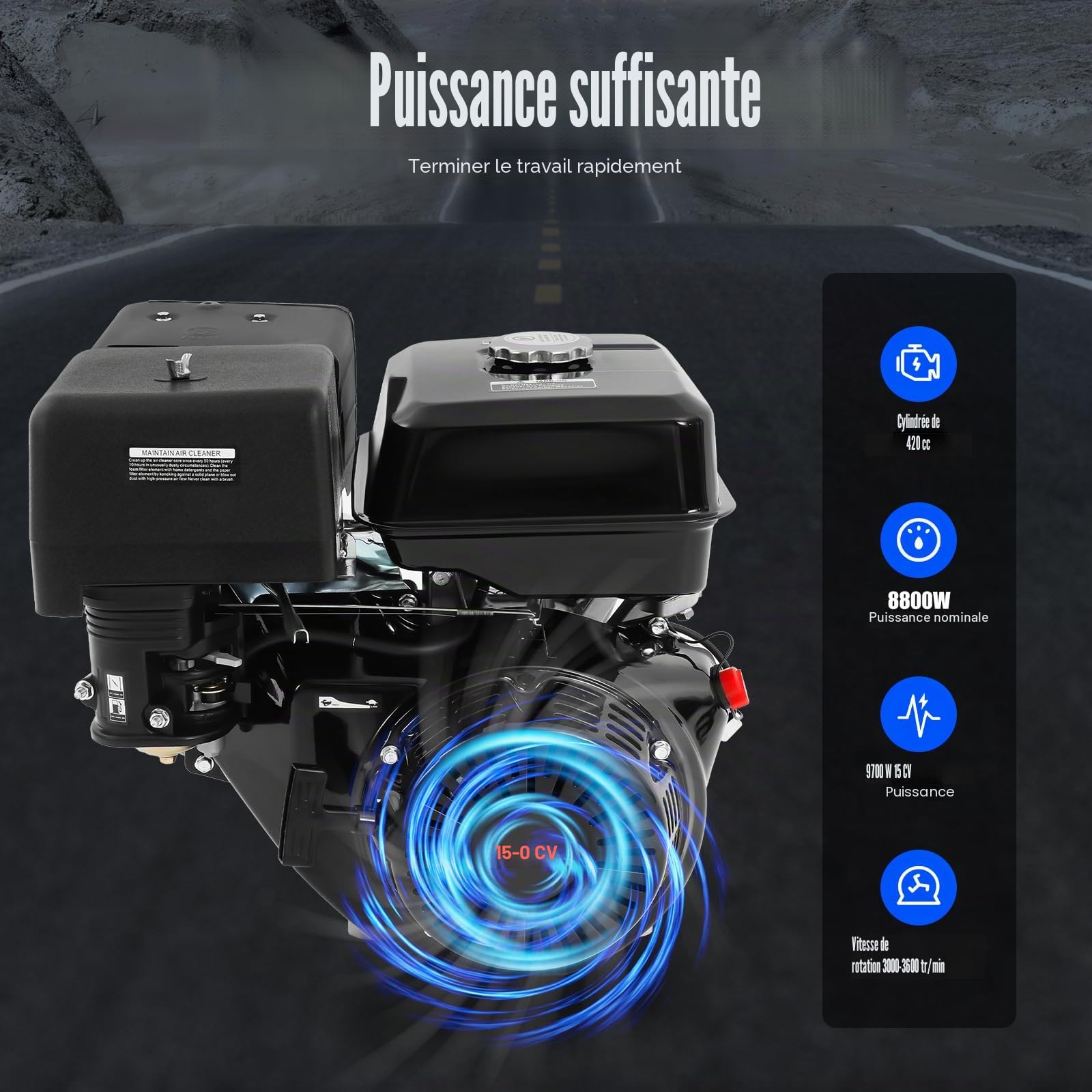 Moteur à essence 4 temps 15 CV 420 CC - Moteur sur pied - Moteur industriel - Refroidissement par air OHV - Arbre de 25 mm - 3600 tr/min - Avec fonction d'alarme d'huile - Pour karts, nettoyeurs haute