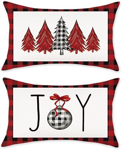 TAJWE Juego de 2 fundas de almohada navideñas de 12 x 20 pulgadas, diseño de árboles de alegría de invierno, fundas lumbares para sofá, decoración