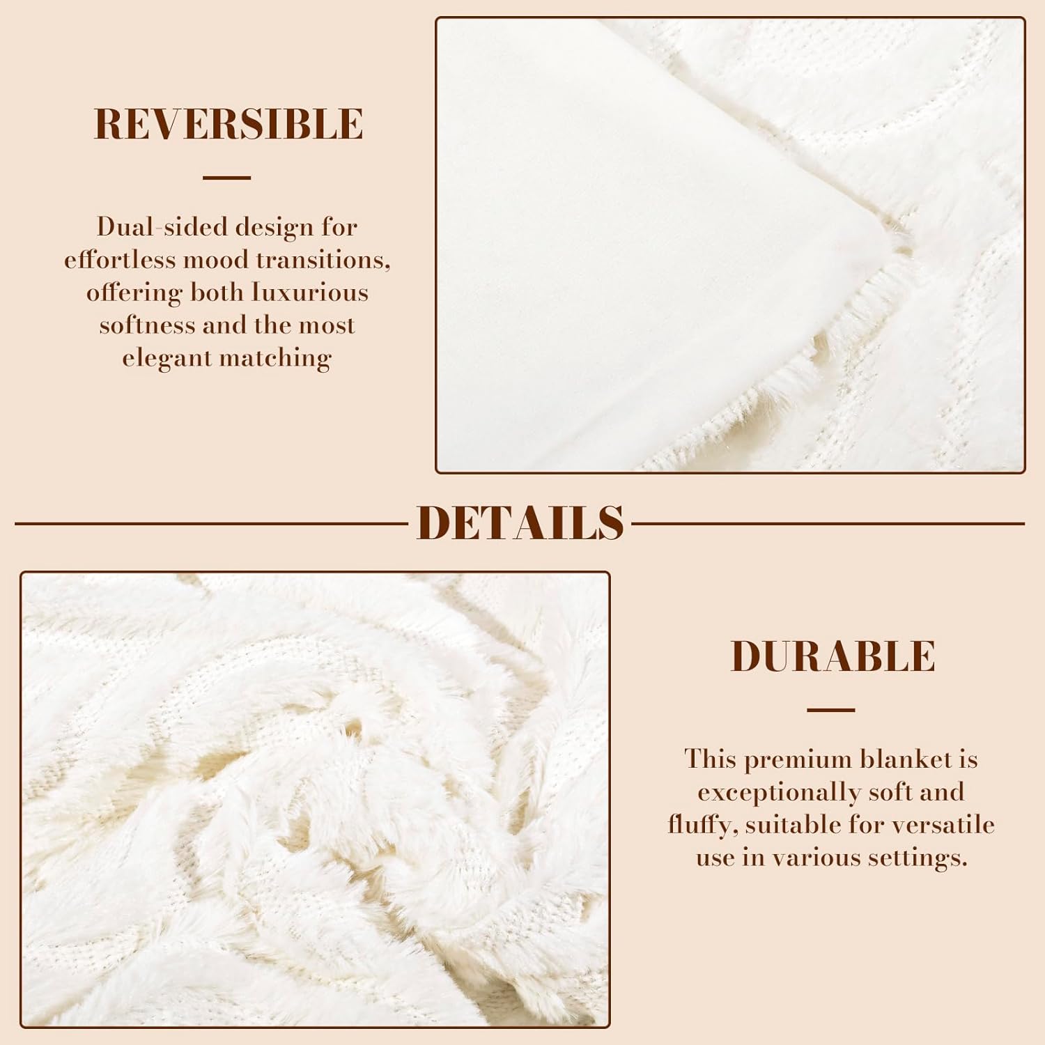 Bohemia Blanket & Throw Pillow Covers Set - Faux Fur Fluffy Elegant Embossed Blanket (50"x60"), 2 Pcs White Cozy Plush Throw Pillow Cover (18"x18"), Soft Fuzzy Decorative Coach Decor for Bed Sofa - Image 5