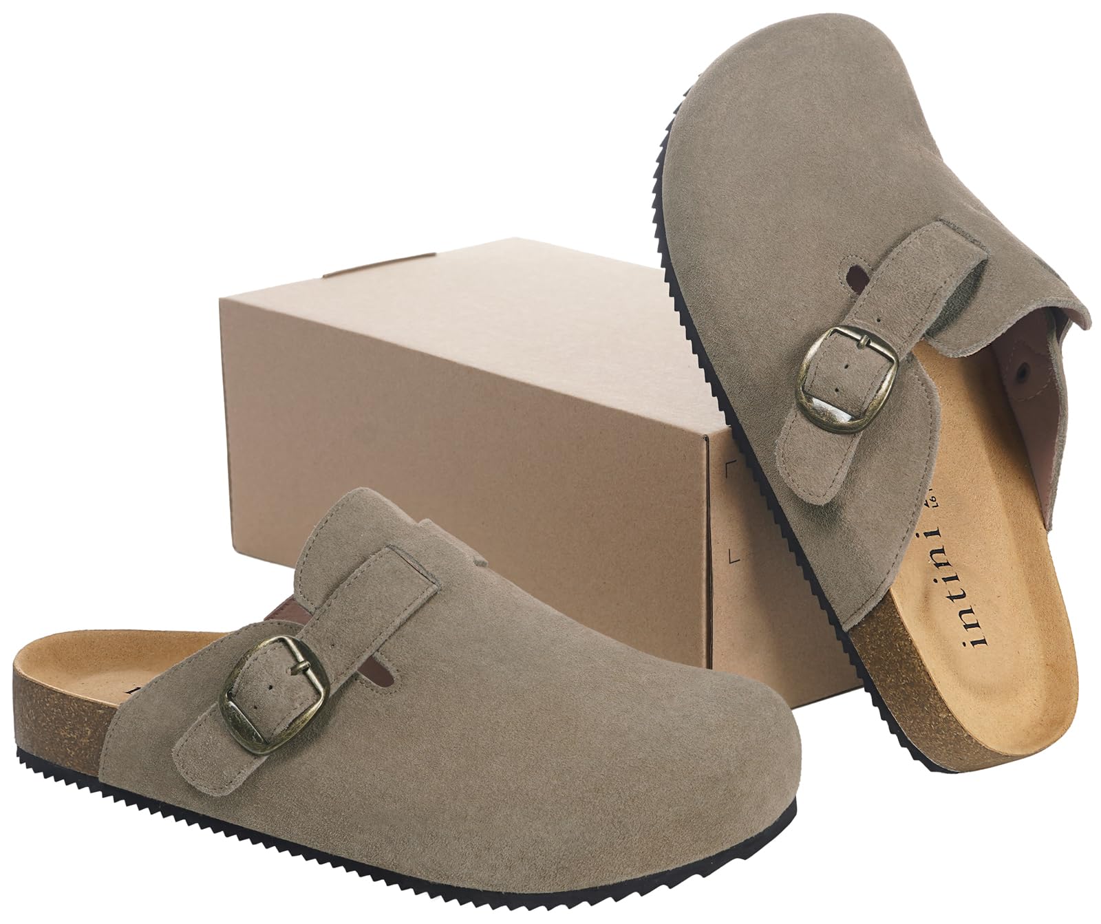 Intini Zuecos y Mules para Hombre Mujer Pantuflas de Piel con Corcho Cerradas Zapatillas de Jardín Sandalias con Hebilla Ajustables Cómoda 36-46