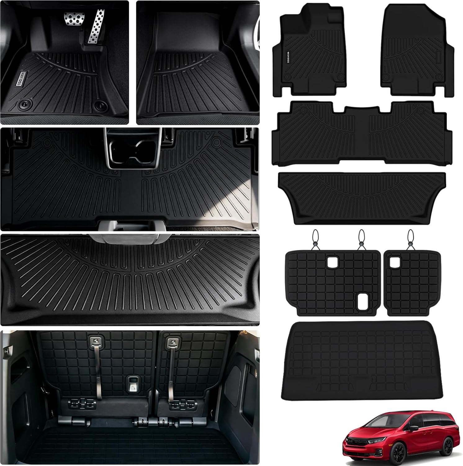 Floor Mats & Trunk Mat & Backrest mat for Honda Odyssey 2026 2025-2018 Mini Passenger Van, All Weather TPE Car Floor Liners-1st & 2nd & 3rd Row & Cargo Liner& Backrest Liner Full Set