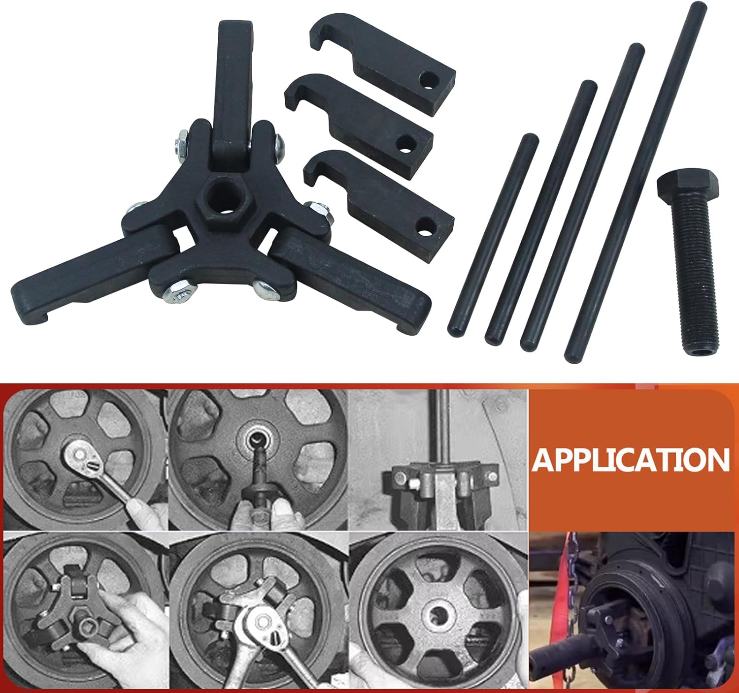 Harmonic Balancer Damper Pulley Puller Tool Remover Extractor Kit Compatible with Ford, GM, Chrysler, Cadillac, Chevy Trucks, Mitsubishi, with Upgraded Version 3 Thin Jaw Puller