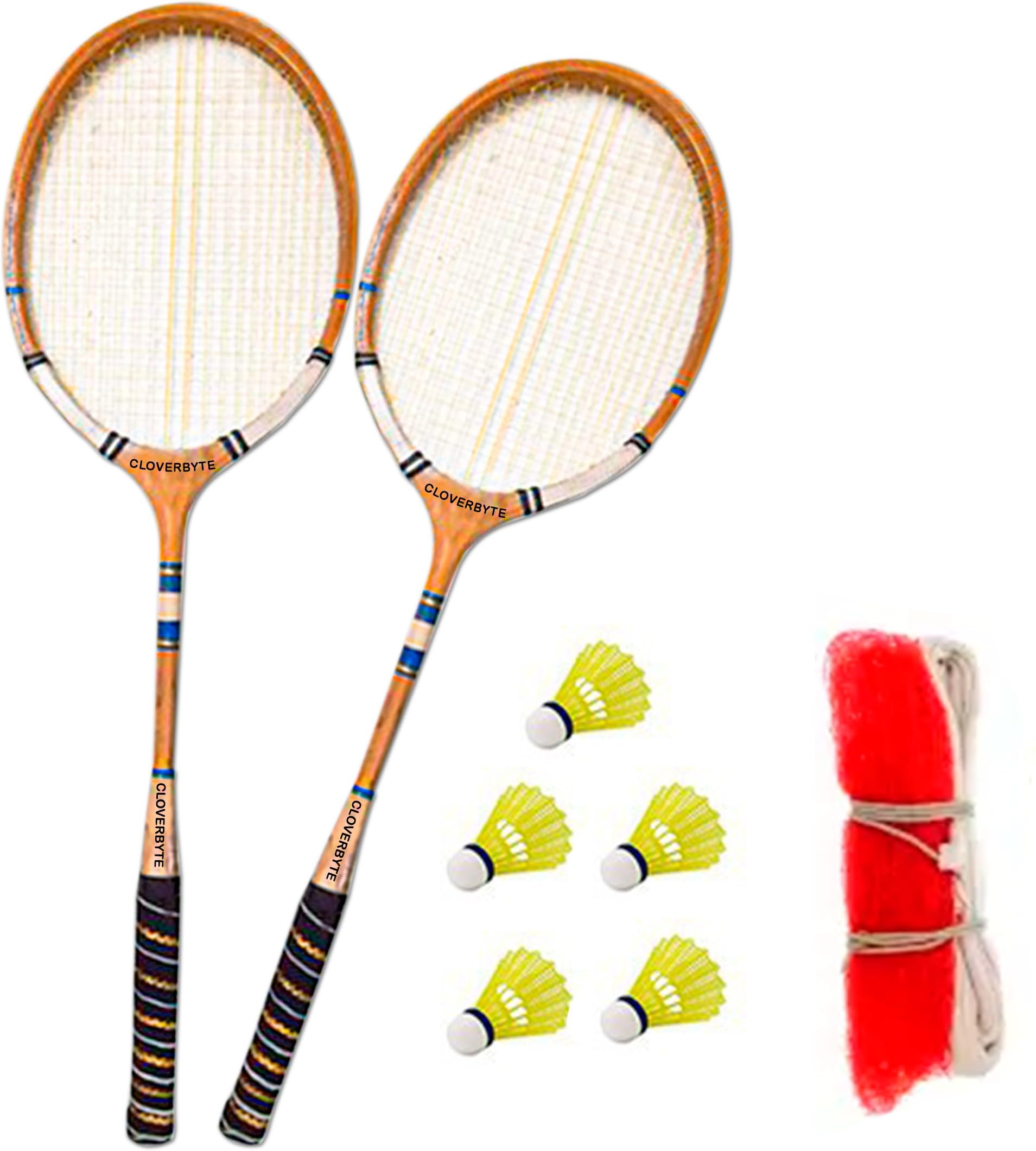 CLOVERBYTE Wood Racket 2-Piece with 5-Shuttles and Badminton Nylon Net Badminton Kit| WOOD-RACKET/5-SH/1NET