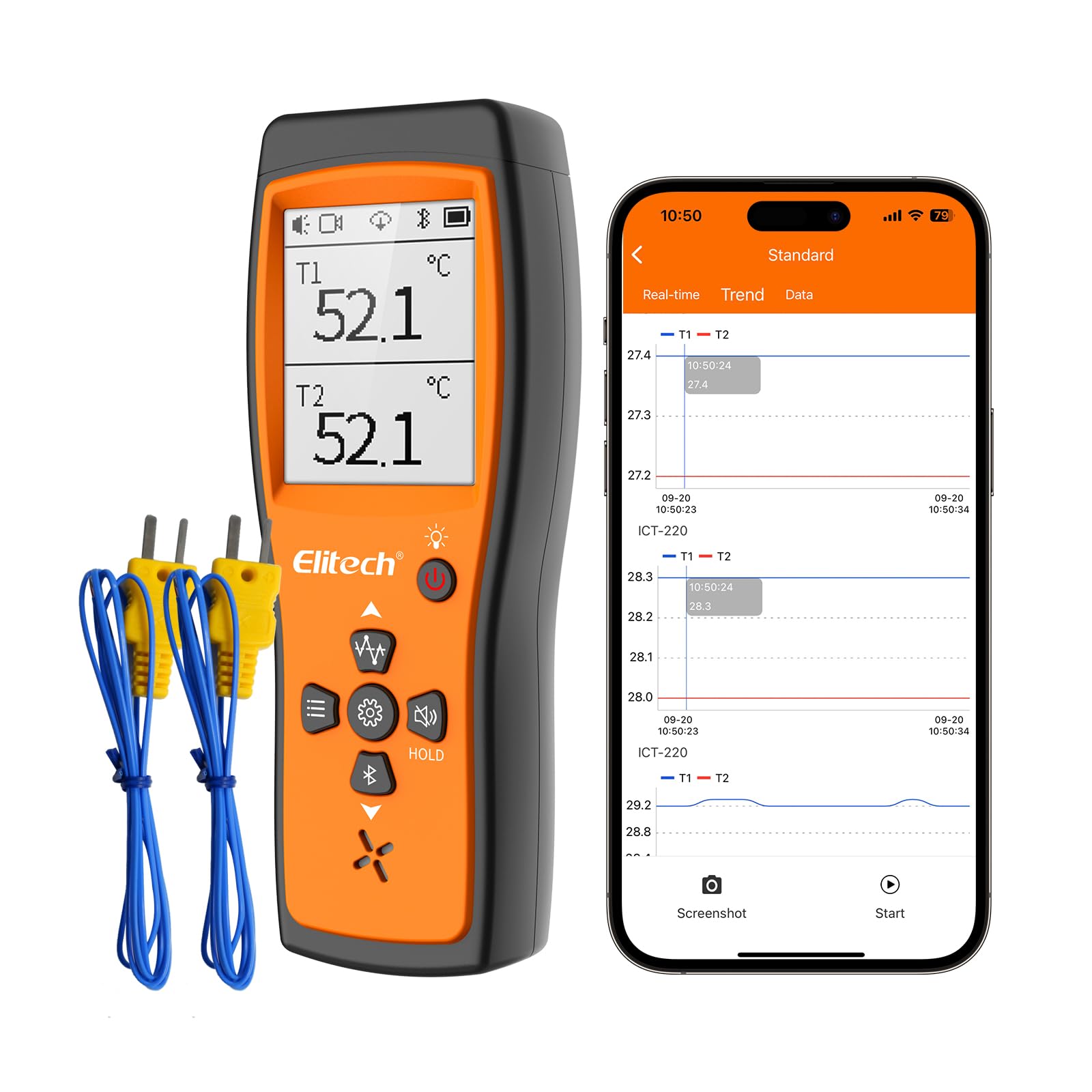 Thermocouple Thermometer Data Logger Bluetooth Digital Dual Channel K-Type Thermometer with App Real-Time Alerts, 5000 Points Storage, ±0.5°C Accuracy for Cold Chain Lab, ICT-220