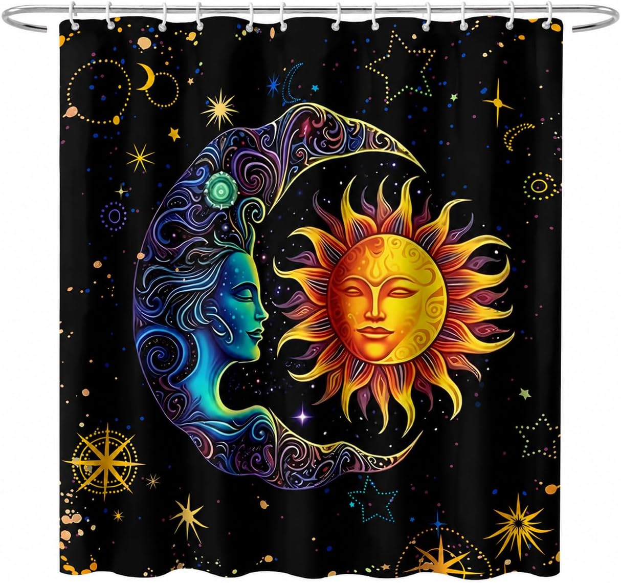 AILONEN Sun and Moon Shower Curtain,Space Galaxy Boho Exotic Sun and Moon Bath Curtain,Celestial Starry Moon Smiles Decoration Waterproof 72" W x 84" H Curtain for Boys Girls,with 12 Plastic Hooks