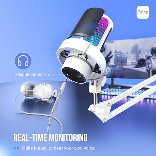 Miniatura 4 de FIFINE Kit de micrófono USB para PC para juegos, micrófono condensador RGB con brazo de metal, silencio, perilla de ganancia, monitoreo de
