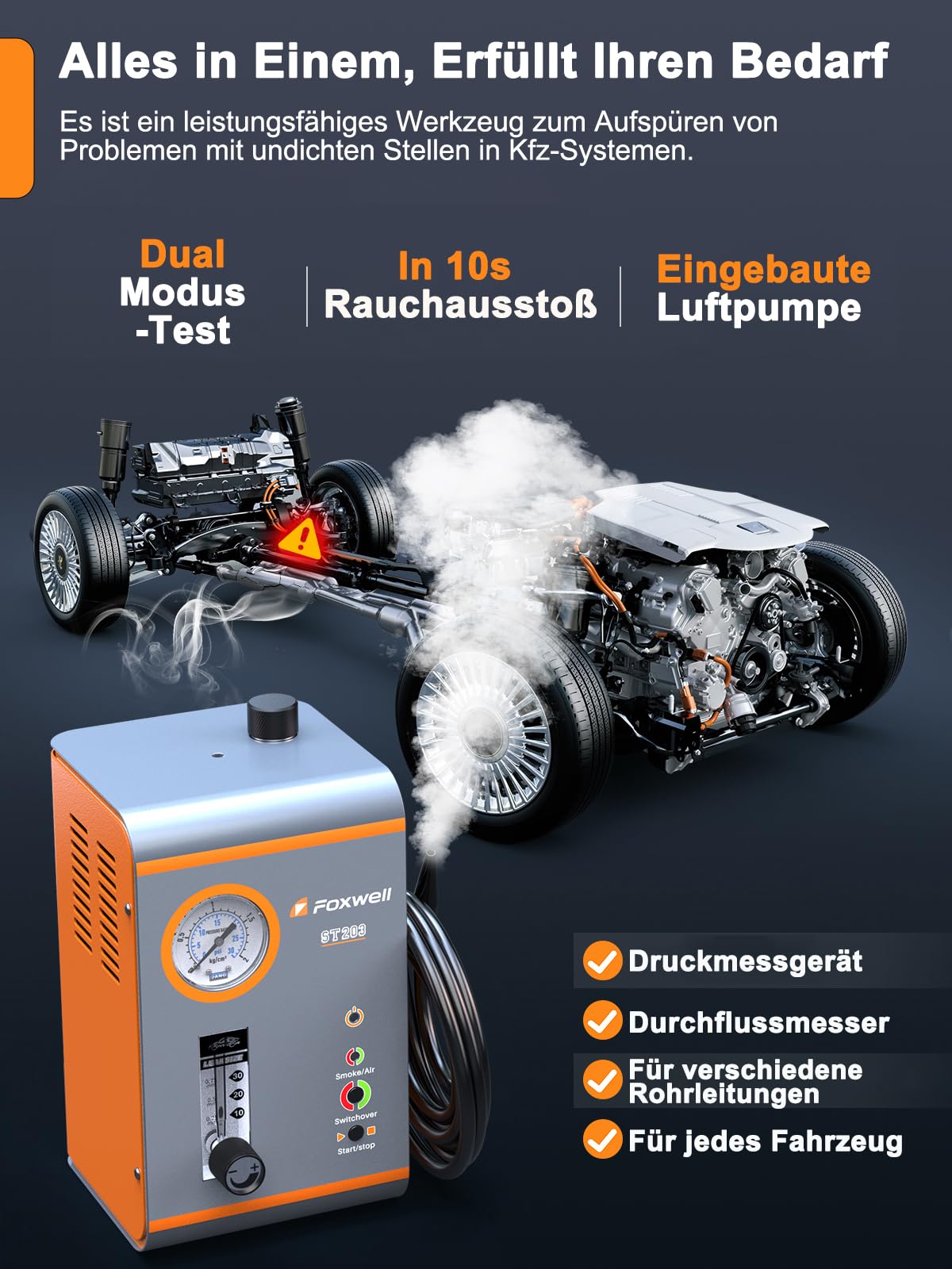 FOXWELL EVAP Nebelmaschine Kfz ST203, Professionelles Dual-Modi Rauchmaschine Kfz Lecksucher mit Druckanzeige & Durchflussanzeige für Echtzeit-Daten, Luftpumpe 16L/Min, Komplette Kit für 12V Fahrzeuge