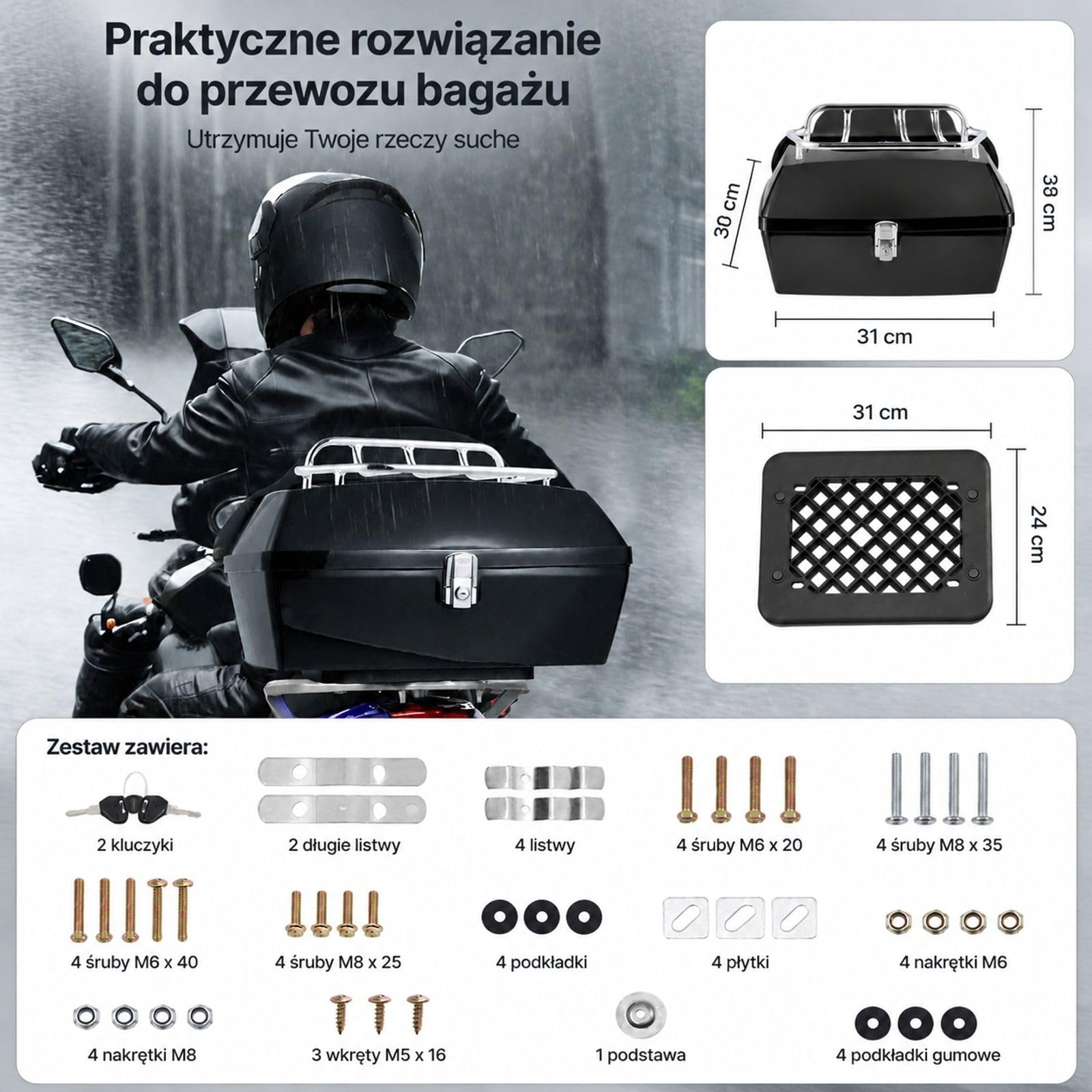 Kufer motocyklowy 48L, uniwersalna skrzynia z PP na tylny bagażnik do