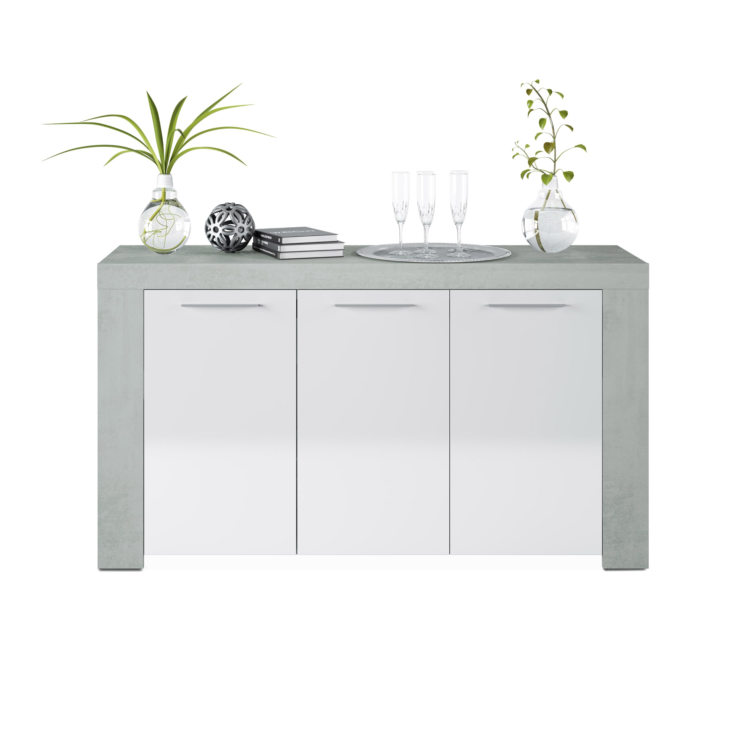 duehome | Aparador, Buffet Moderno, Armario Auxiliar Comedor, Modelo Dara, Color Blanco Artik y Gris Cemento, Medidas: 144 cm (Largo) x 42 cm (Fondo) x 80 cm (Alto)