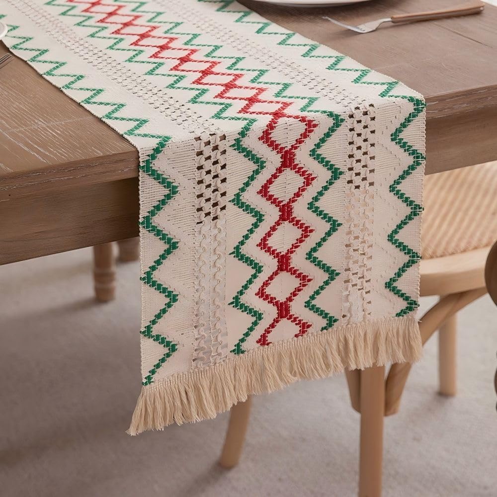 Clothfuna Boho Linen Table Runner, Long Coffee Table Runner, Cream Dining Table Runner Red and Green Wave Stripe Pattern with Macrame for Spring Party Wedding Sideboard, 30x220 cm/ 12x87 inch