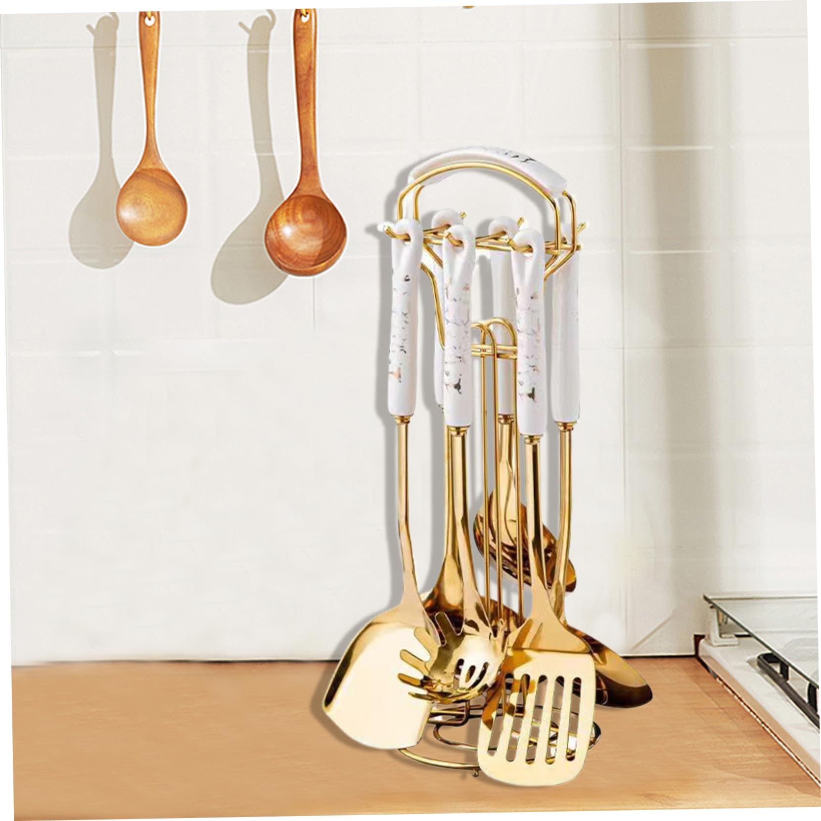 Juego de 7 Utensilios de Cocina de Acero Inoxidable, Utensilios Dorados con Soporte, Apto para lavavajillas, de Cocina de Metal para Colgar Que Incluyen espátula, cucharón y Cuchara par