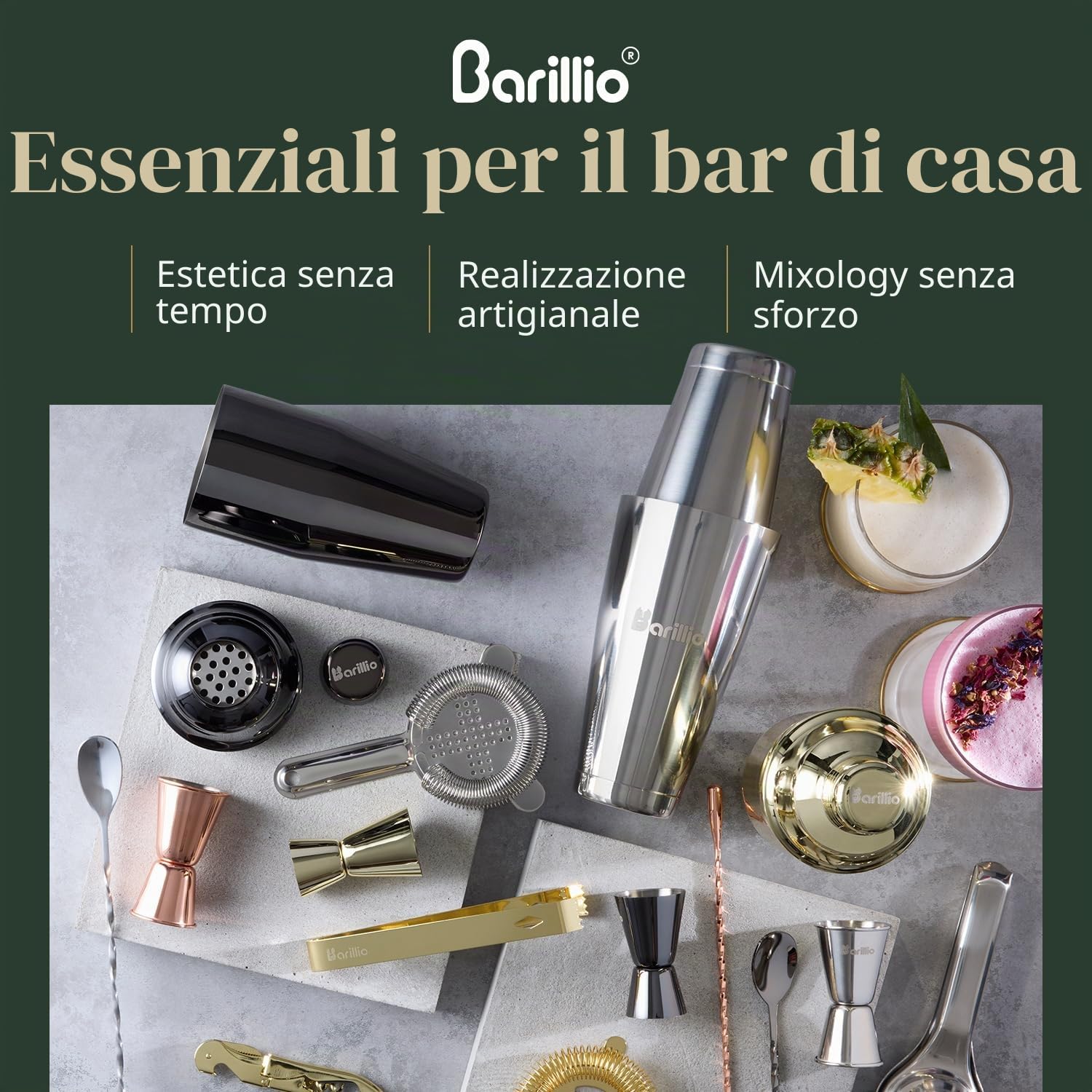 Barillio Borsa da barista da viaggio con strumenti da bar, set professionale di 17 attrezzi da bar con borsa portatile in tela cerata con tracolla per un facile trasporto, set da cocktail da viaggio