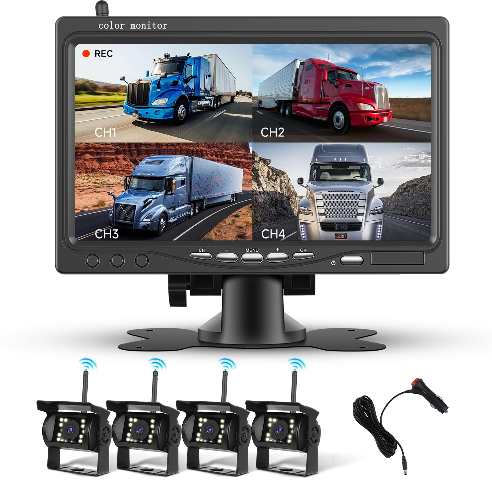 Zestaw bezprzewodowej cyfrowej kamery cofania z 4 kamerami 1080P, podzielony monitor 4 7 cali z BSD, noktowizor wodoodporny kamera cofania do samochodów ciężarowych RV 12V-36V Hodozzy