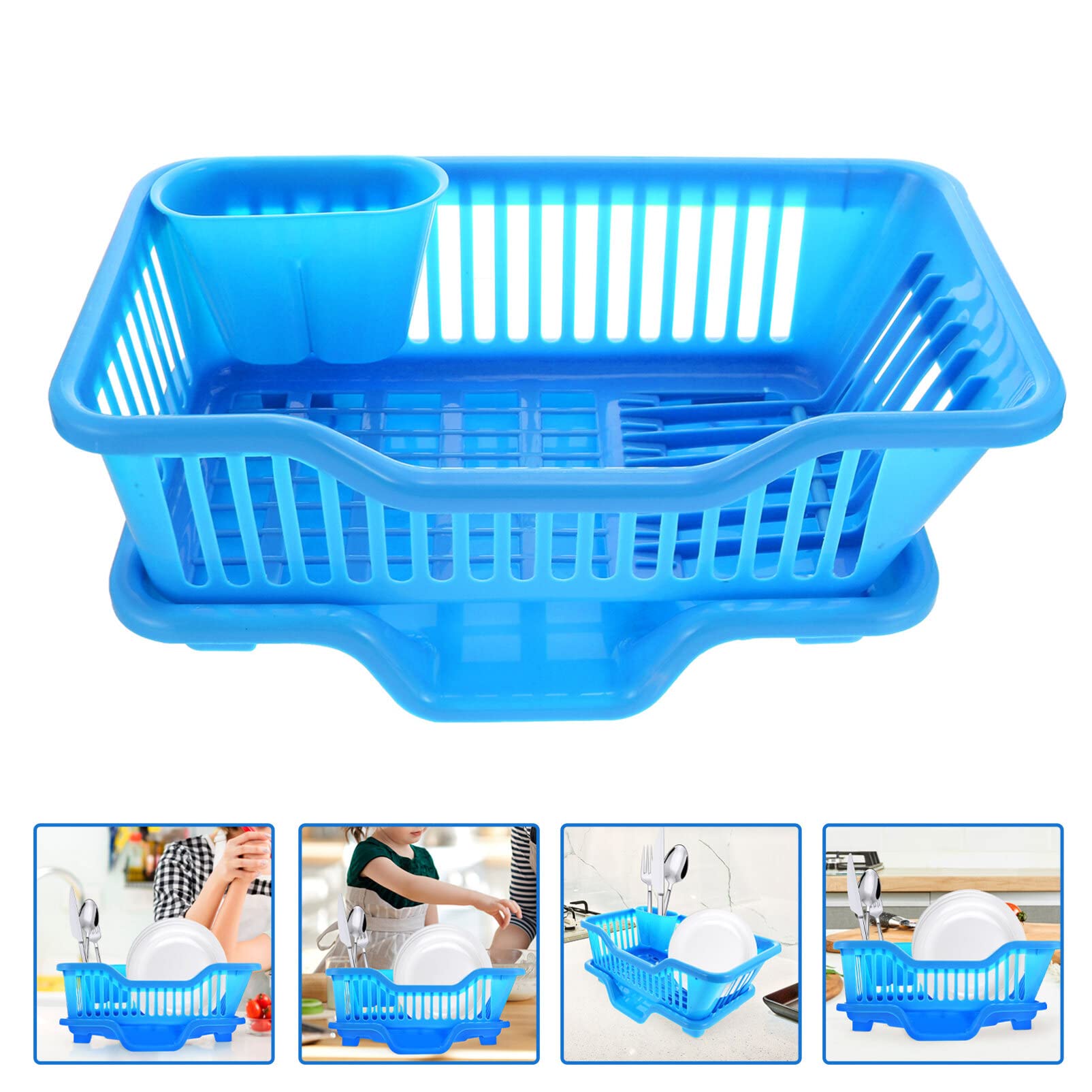 Escurreplatos de plástico para fregadero, escurridor de platos con soporte para cubiertos, cesta en T para una eficiente nización de encimera, diseño de ahorro de espacio de color azul
