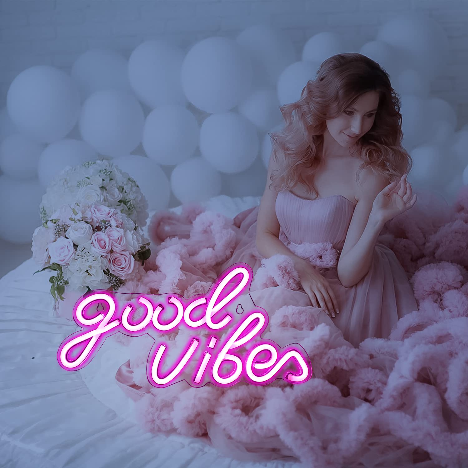Wanxing Rosa Good Vibes Neon Schild,Neon-Wanddekorationsschilder, Echtes Acryl-Neonlicht, 7,9"x 15,9"USB-LED-Neonschilder für Schlafzimmer,Hausbar,Hochzeitstag,Partygeschenk zum Geburtstag