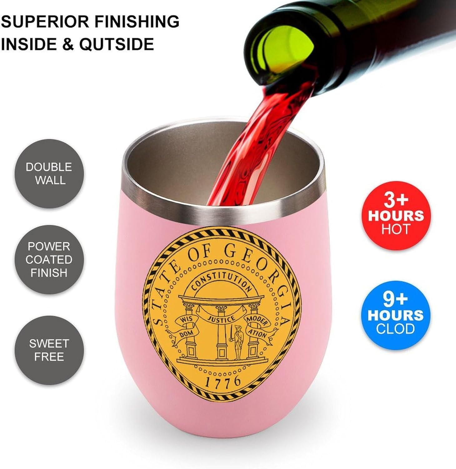 Seal of Georgia Insulated Drinking Cup Stainless Steel Coffee Mug Wine Tumbler with Lid 12OZ