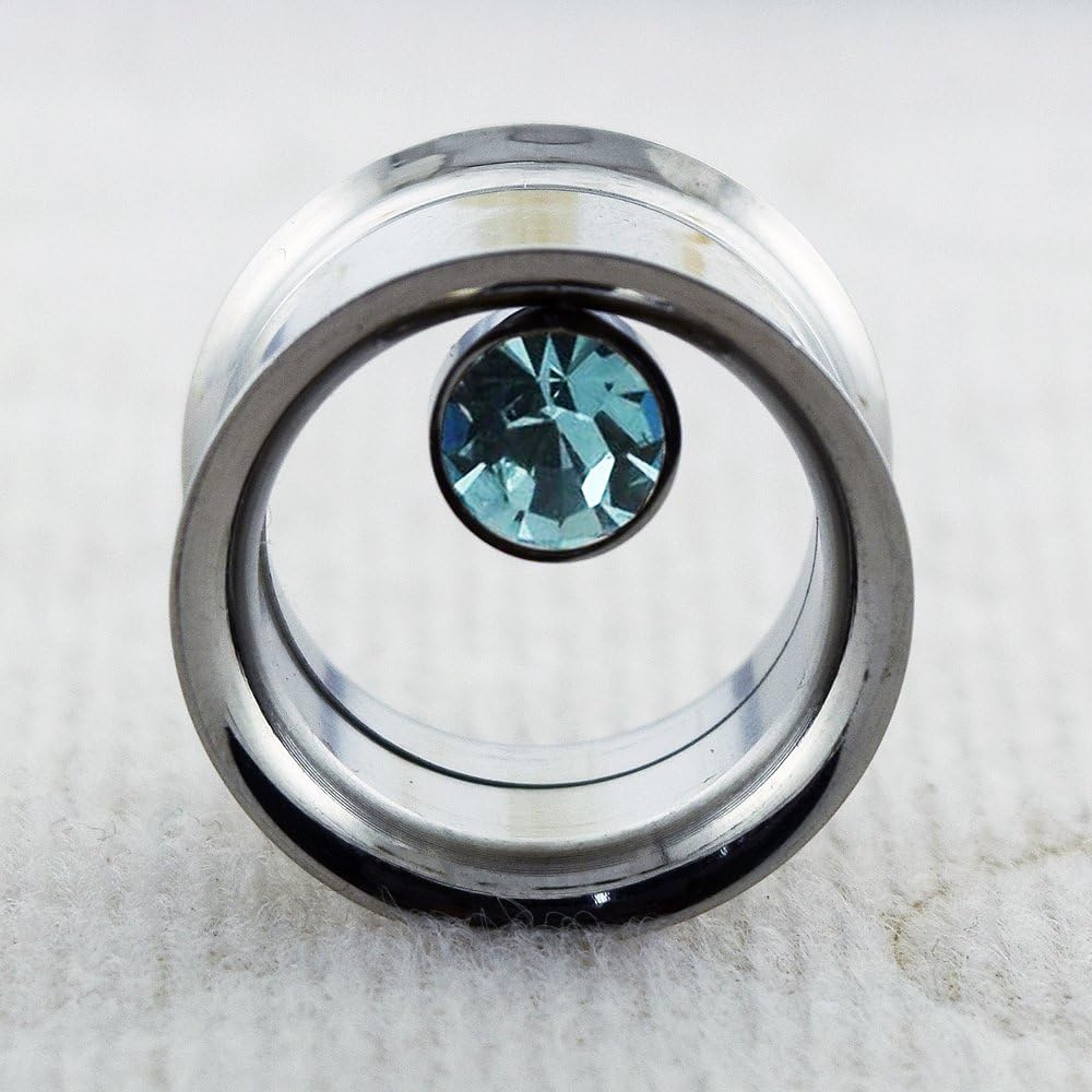 Aquamarine Bezel Set Crystal Stone on Surgical Steel Internally Threaded Ear Gauge Flesh Tunnel - Stretching - Ear Piercing Body Piercing Jewelry