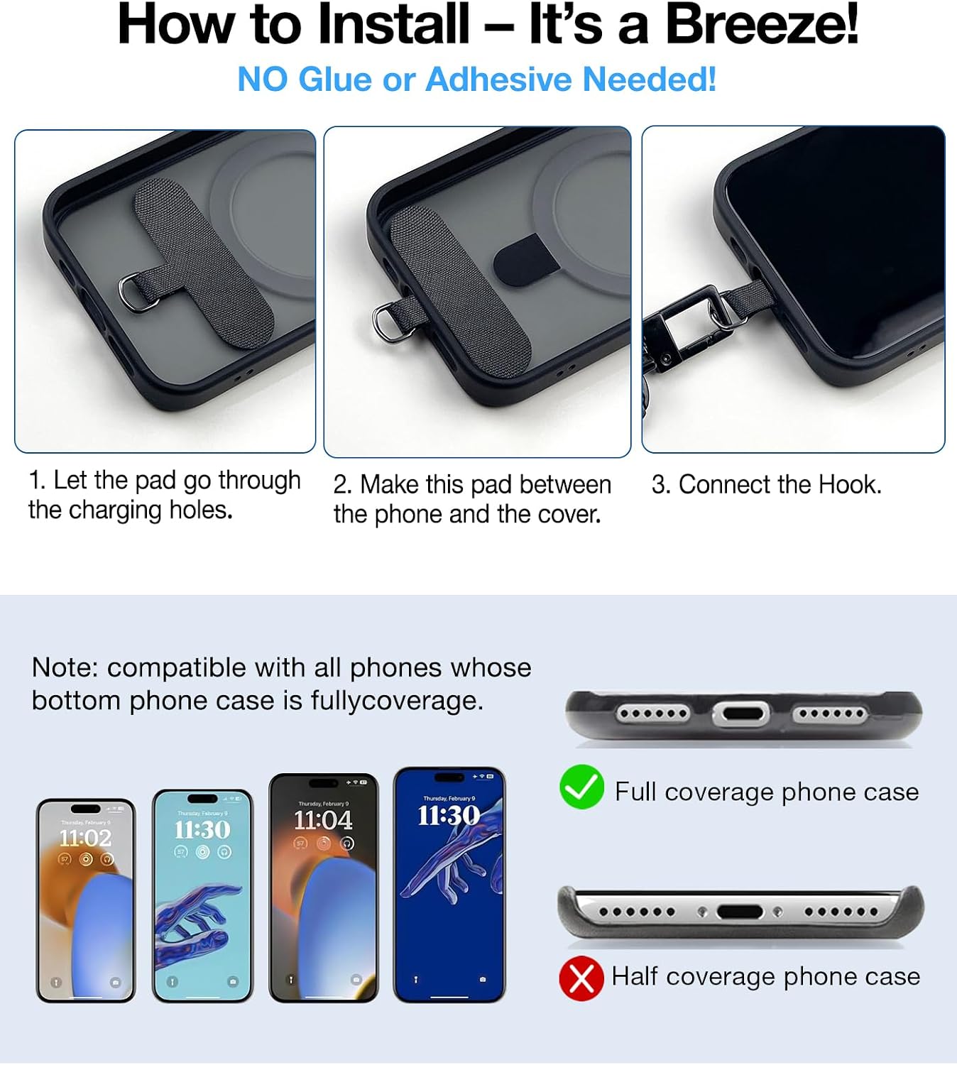 Phone Tether Tab for iPhone, Ultra-Durable & Ultra-Thin Cell Phone Lanyard Patch, Phone Strap Replacement Part for All Full Phone Cases,Black +White image 5