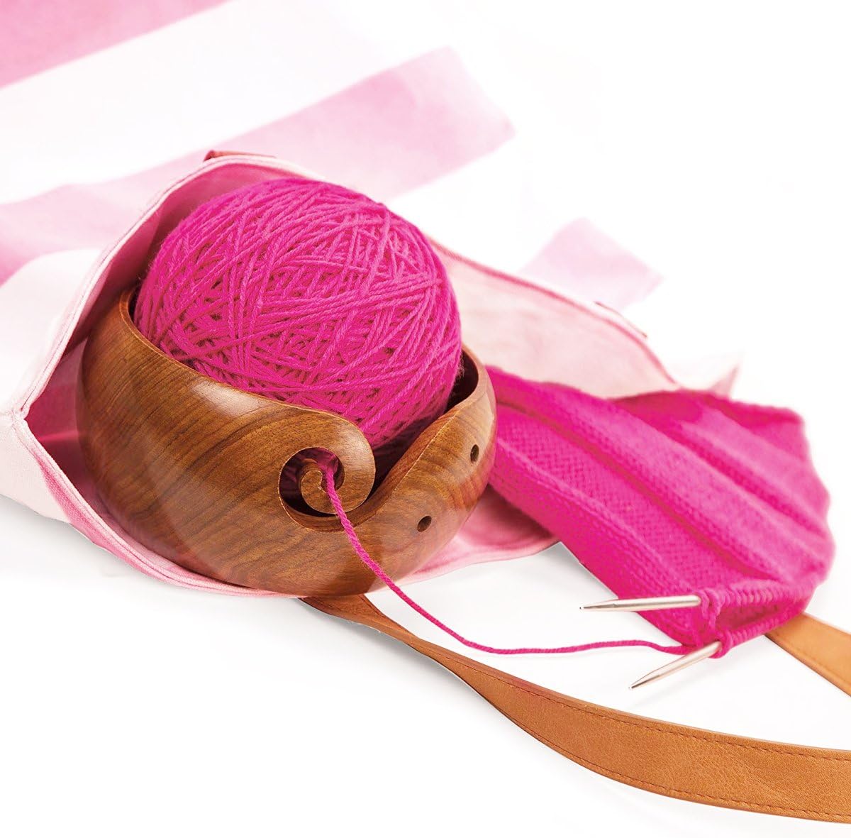 Apol Handmade Wooden Yarn Bowl Round Shape 5.5×3.2 inch Wool Holder Organizer for Knitting Crochet