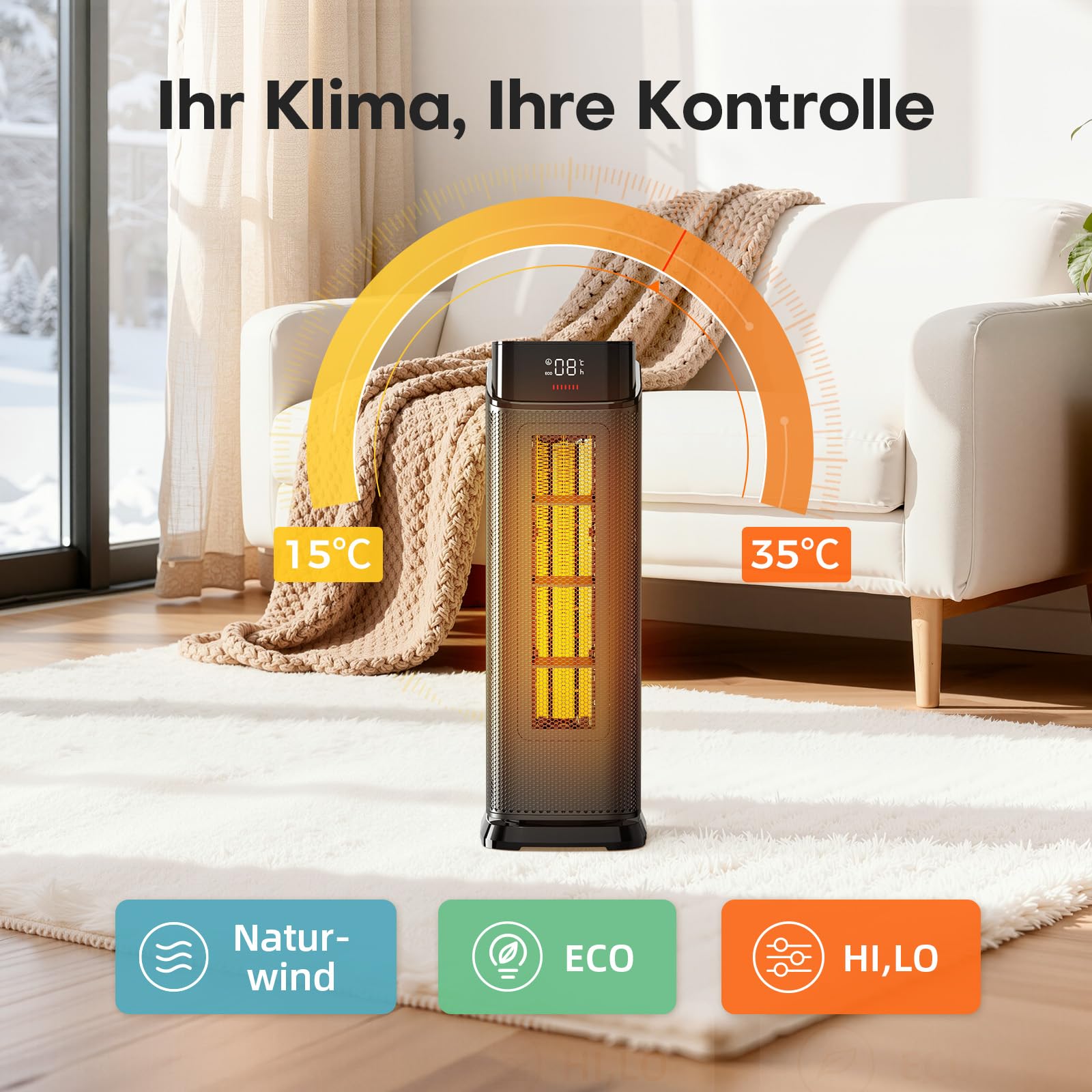 PTC Heizlüfter für Zuhause, Überhitzungs Kippschutz, Schwarz, 2000W | Thermostat und 90° Oszillation, Fernbedienung und 24-Stunden-Timer, ECO-Modus, leise 37 dB, Aufheizen in 2 Sekunden
