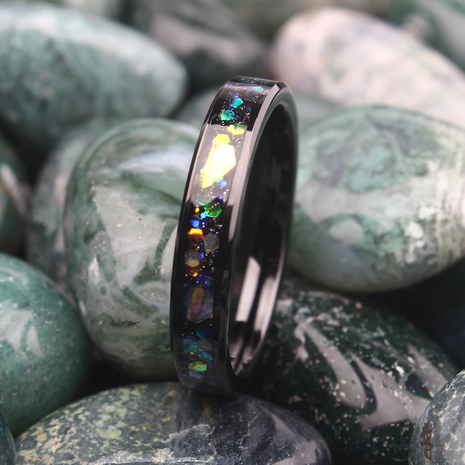 4mm 8mm Mens Womens Couples Wedding Band with Sand Purple and Blue Hexagon Star Sequins Inlay Black Beveled Edge Tungsten Carbide Glowstone Ring Comfort Fit Size 4-16