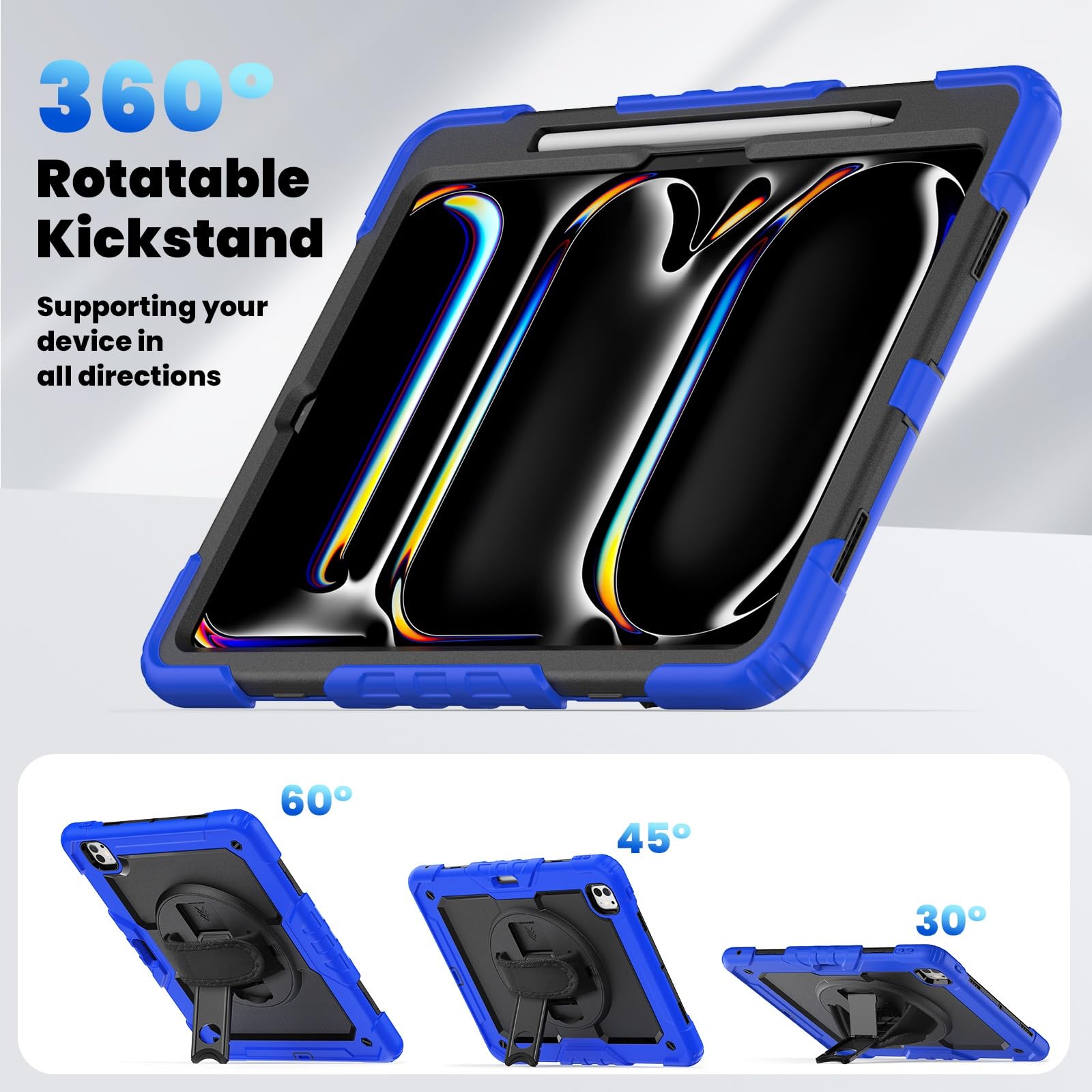 Copertura per Tablet Custodia Compatibile con iPad PRO 13 Pollici M4 2024 7a Generazione Protezione for Lo Schermo, cavalletto [Tracolla] Robusta Antiurto Cinturino Girevole a 360° 13"(Dark Blue)