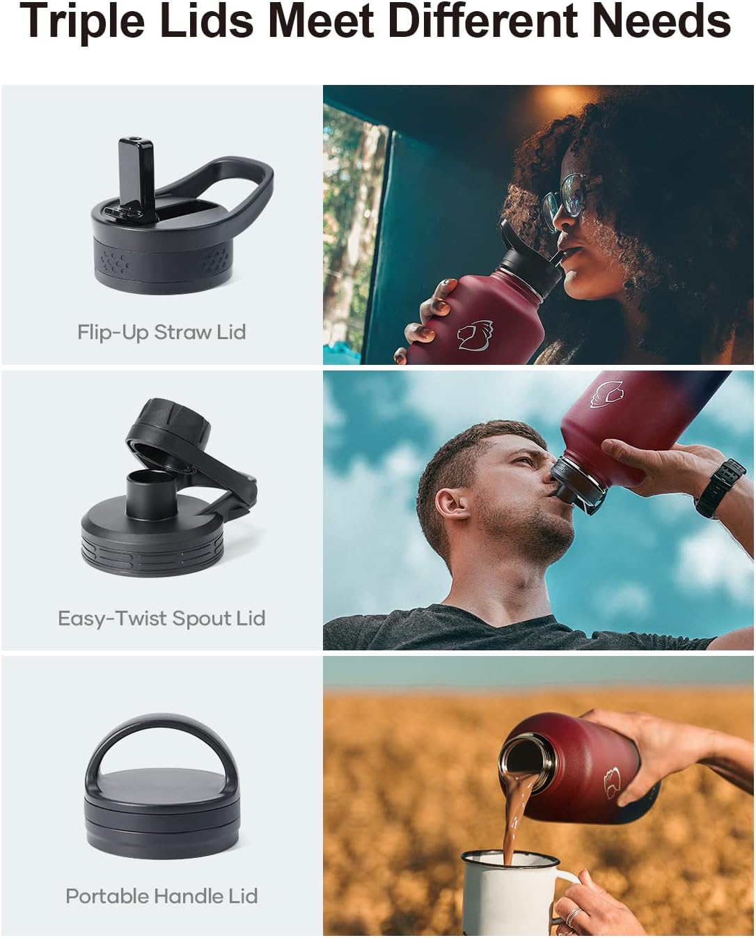 BUZIO 64 oz Water Bottle Insulated with Straw & 3 lid and Carrying Pouch, Leak Proof Half Gallon Stainless Steel Water Flask Jug, Cold for 48 Hrs Double Vacuum Thermo Canteen, BPA-Free, Ruby Red Navy - Image 3