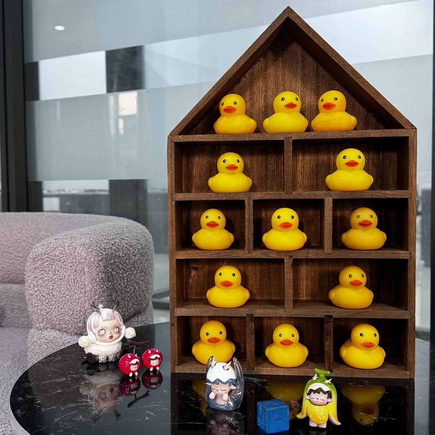 TANG SONG 1 PC 11-Slot Wooden House-Shaped Mini Figures Cubby Box Display Shelf Organizer Storage Box (Dark Brown)