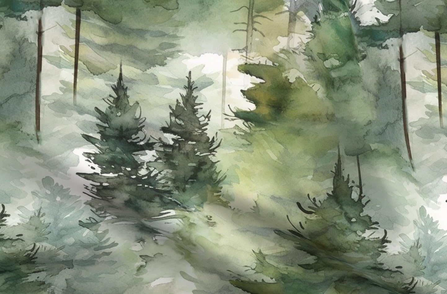 Spoonflower Fabric - Watercolor Pine Tree Forest Woodland Tranquil Peaceful Woods Trees Printed on Organic Cotton Sateen Fabric by The Yard - Sewing Quilting Apparel Home Decor