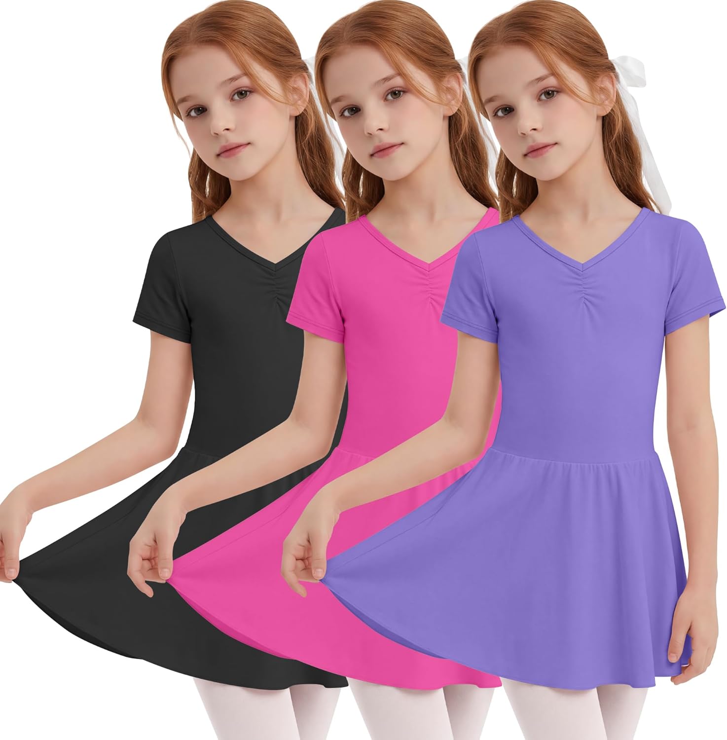 3 Pack Girl's Ballet Leotards Short Sleeve V Neck Dance Dress Toddler Classical Ballerina Soft Stretch Outfits