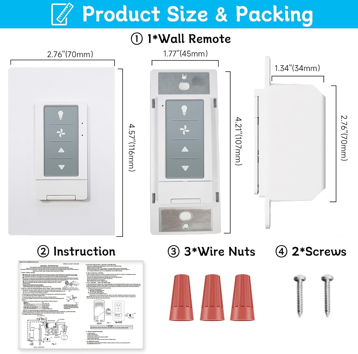 Universal Ceiling Fan Remote Control with Light Dimmer, 3 Speed Wall Switch, Compatible with Hunter 434MHz Receiver/Remote Only, Single Pole, Neutral Wire Needed (no Included Receiver)