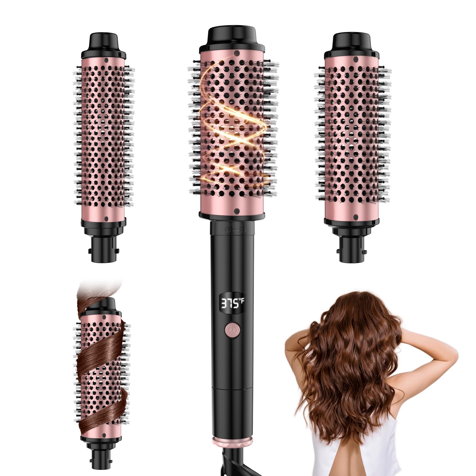 3 in 1 Thermal Brush, 5 Temps LCD Display Heated Round Brush, Curling Brush Curling Iron with Ceramic Tourmaline & PTC Heater, 1.25/1.5/1.75 Inch Detachable Thermal Round Brush Hair Styling Tools Set