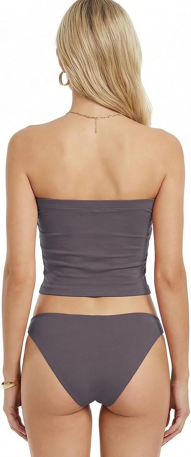 MixMatchy Women's Tube Top with Built-in Bra, Double Layered Strapless Bandeau Top, Y2K Side Ruched Casual Tops - Image 3