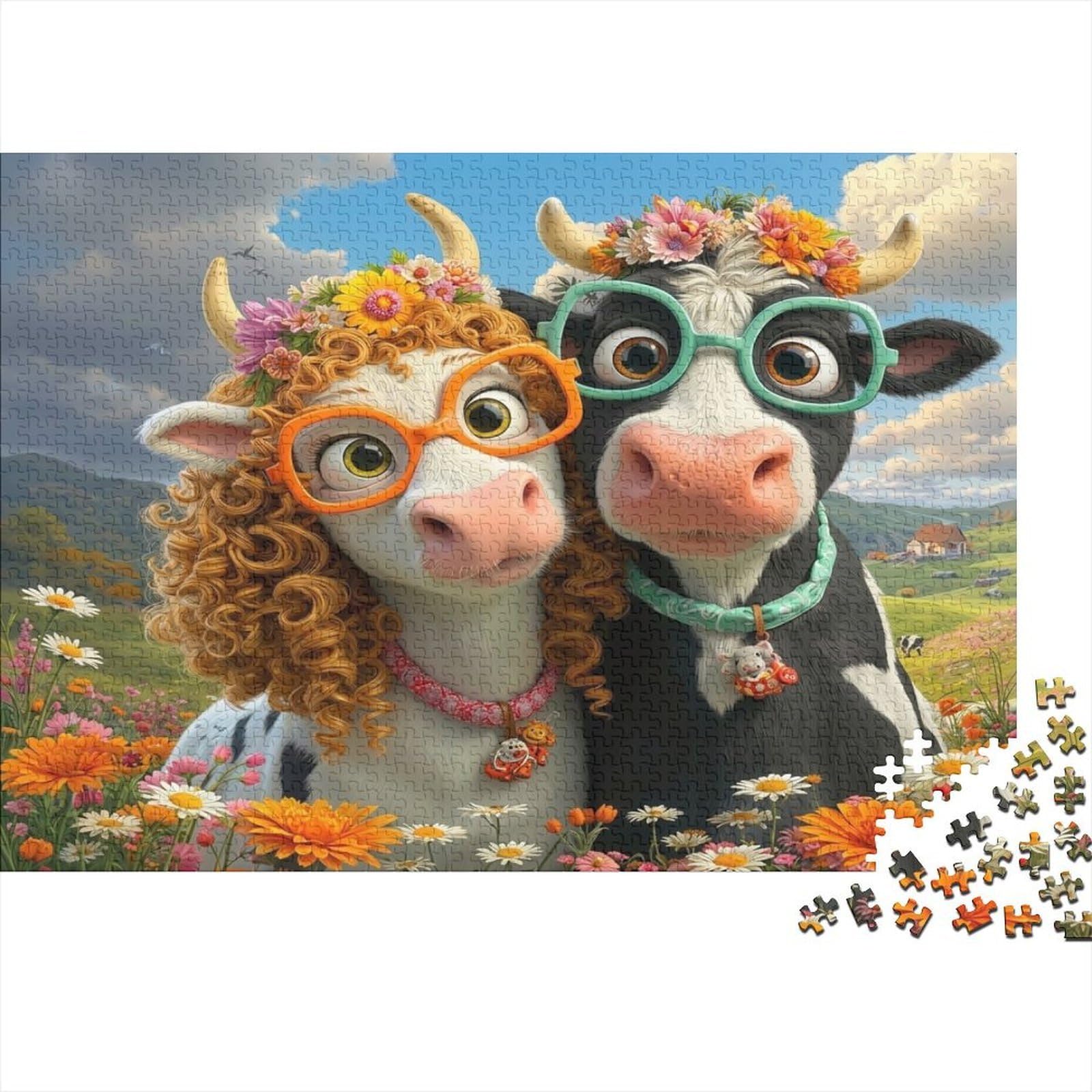 Cartoon Cow 1000 Piece Jigsaw Puzzle Paper Adult Pastoral Scenery Jigsaw Puzzle for Adults Relaxing Focus 70x50cm/1000pcs