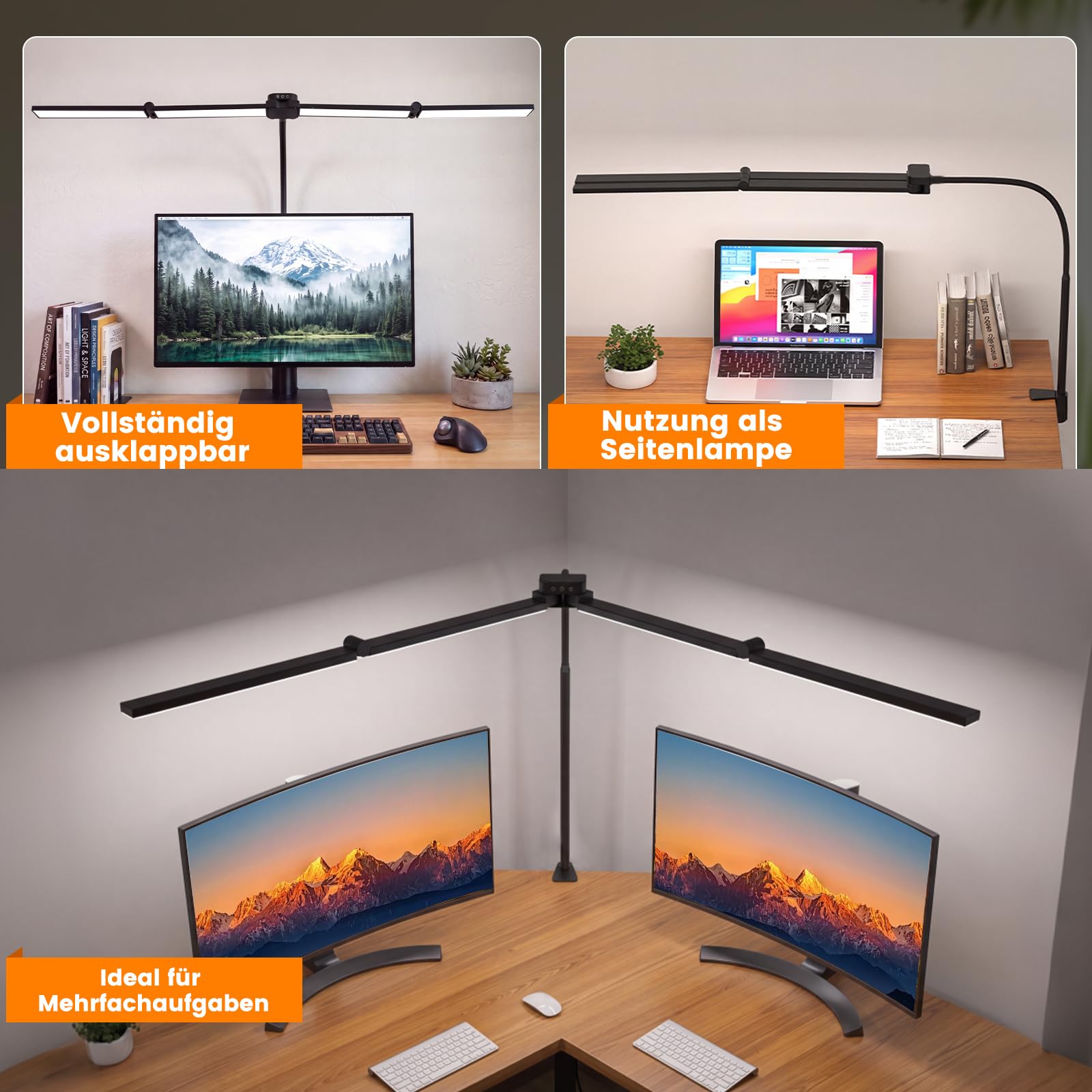 100cm LED Schreibtischlampe Klemmbar mit 4 Leuchtköpfen Dimmbar | 1800LM Augenschutz Tageslichtlampe, 360° Verstellbar Schwanenhals Tischlampe für Büro Zuhause Architekten Zeichnen Schwarz