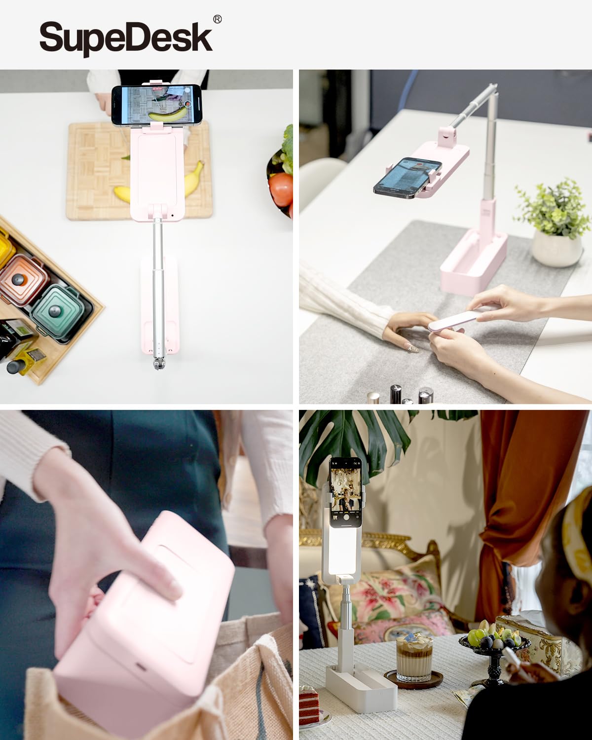 SupeDesk Supporto per telefono per registrazione, con luce LED, supporto per selfie, supporto per telefono estensibile portatile, per telefono da 3,5 a 6,7 pollici, rotazione a 360°, regolabile,