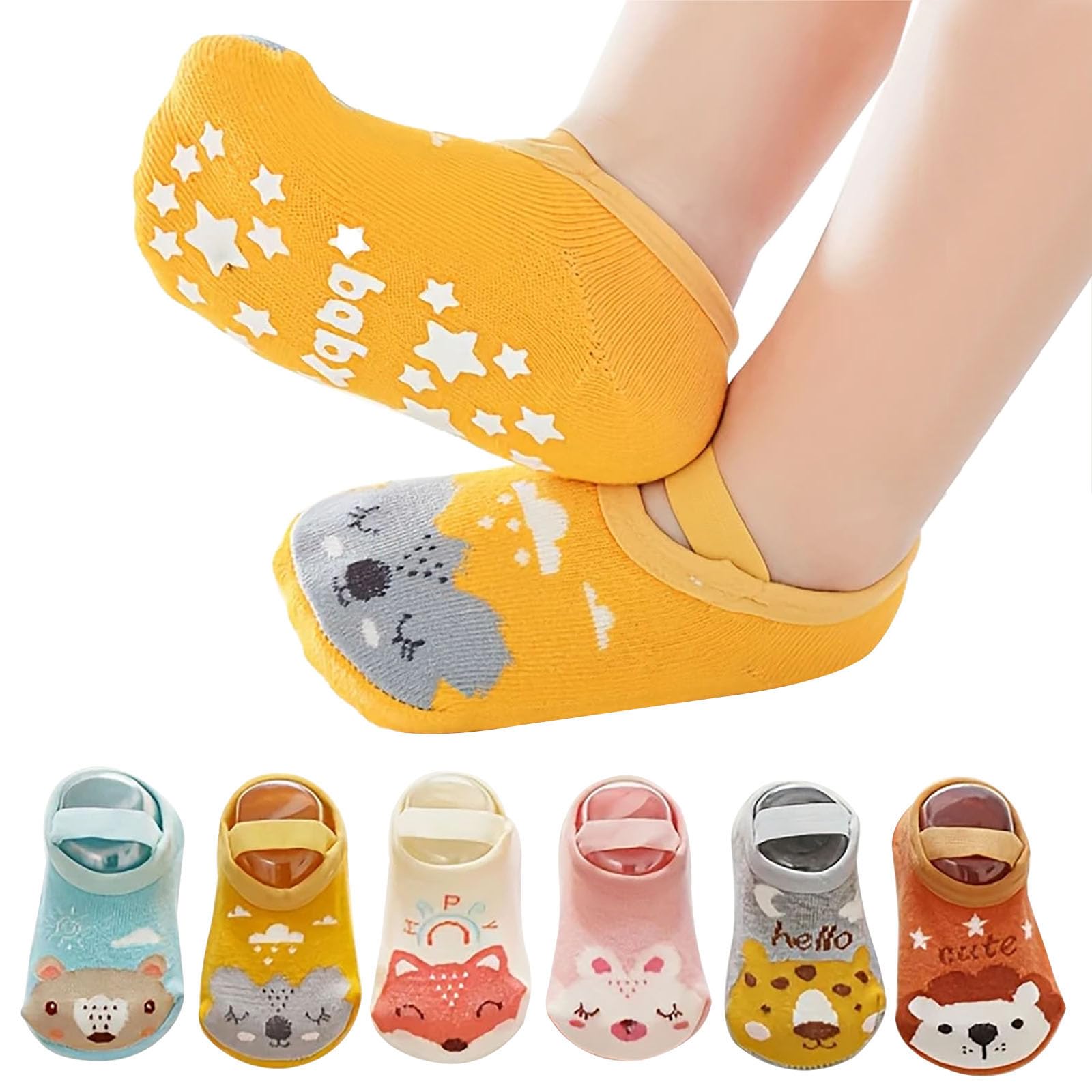 YINXIANJIN 6packs Baby Toddler Non Slip Socks,Anti Skid Cotton Ankle Sock with Grips Infant Cartoon Floor Socks for boys girls kids (US, Age, 0 Months, 12 Months, 6, muticolor)