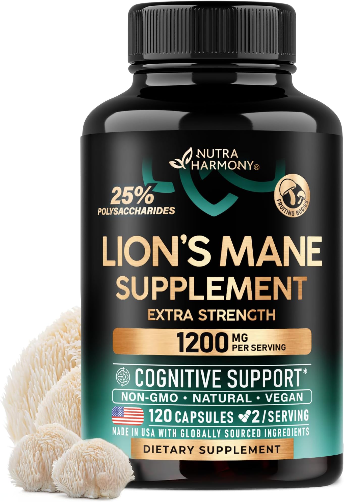 Lions Mane Supplement Capsules - Organic Lions Mane - Made in USA - Fruiting Bodies Extract - 1200 mg, 25% Polysaccharides - Memory & Focus Support - As Lions Powder - 120 Capsules, 2 Month Supply