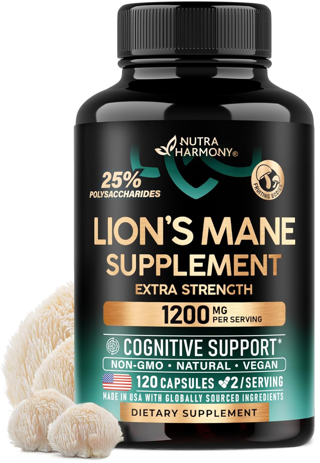 Lions Mane Supplement Capsules - Organic Lions Mane - Made in USA - Fruiting Bodies Extract - 1200