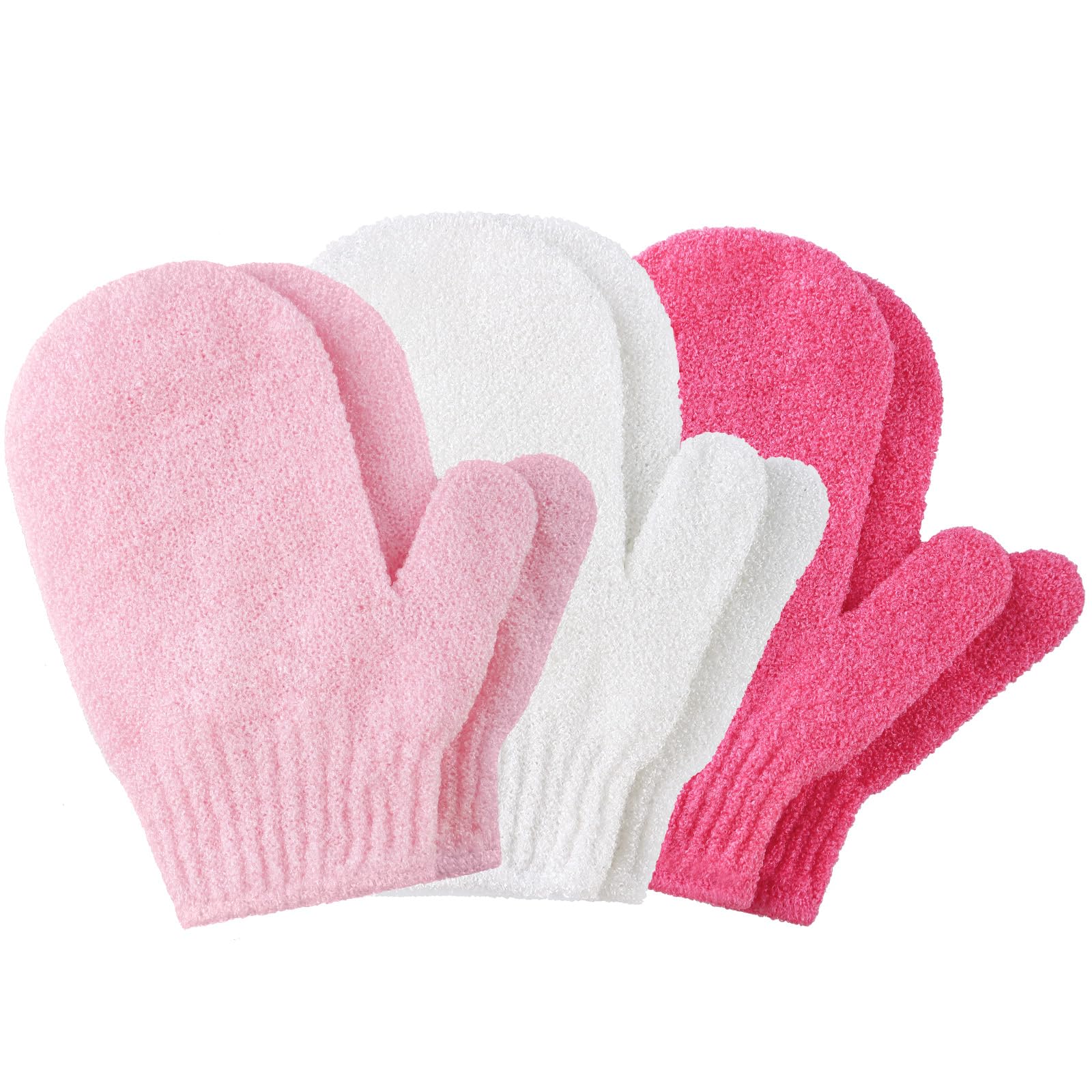6pcs Exfoliating Gloves, Exfoliating Wash Gloves, Shower Scrub Gloves Away Ingrown Hair and Dead Skin for Shower, Spa, Massage and Dead Skin Cell Remover Loofah - Pink + Red + White