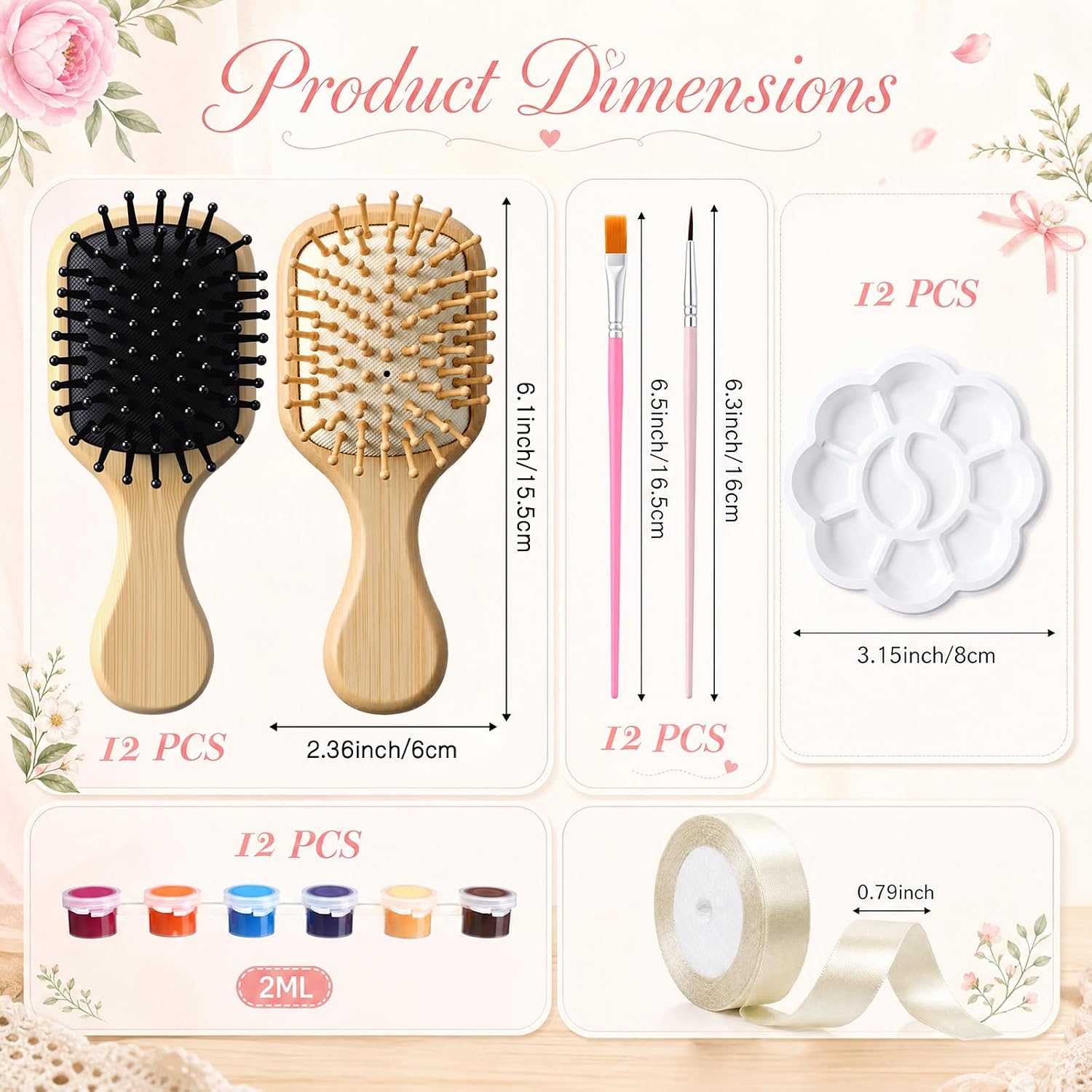 12 Sets Bamboo Hairbrush Painting Kits Bulk DIY Mini Wooden Hairbrush Crafts for Girls Make Your Own Party Supplies for Wedding Bridal Showers Girlfriends Night Gifts (Beige,Black,Square) image 2