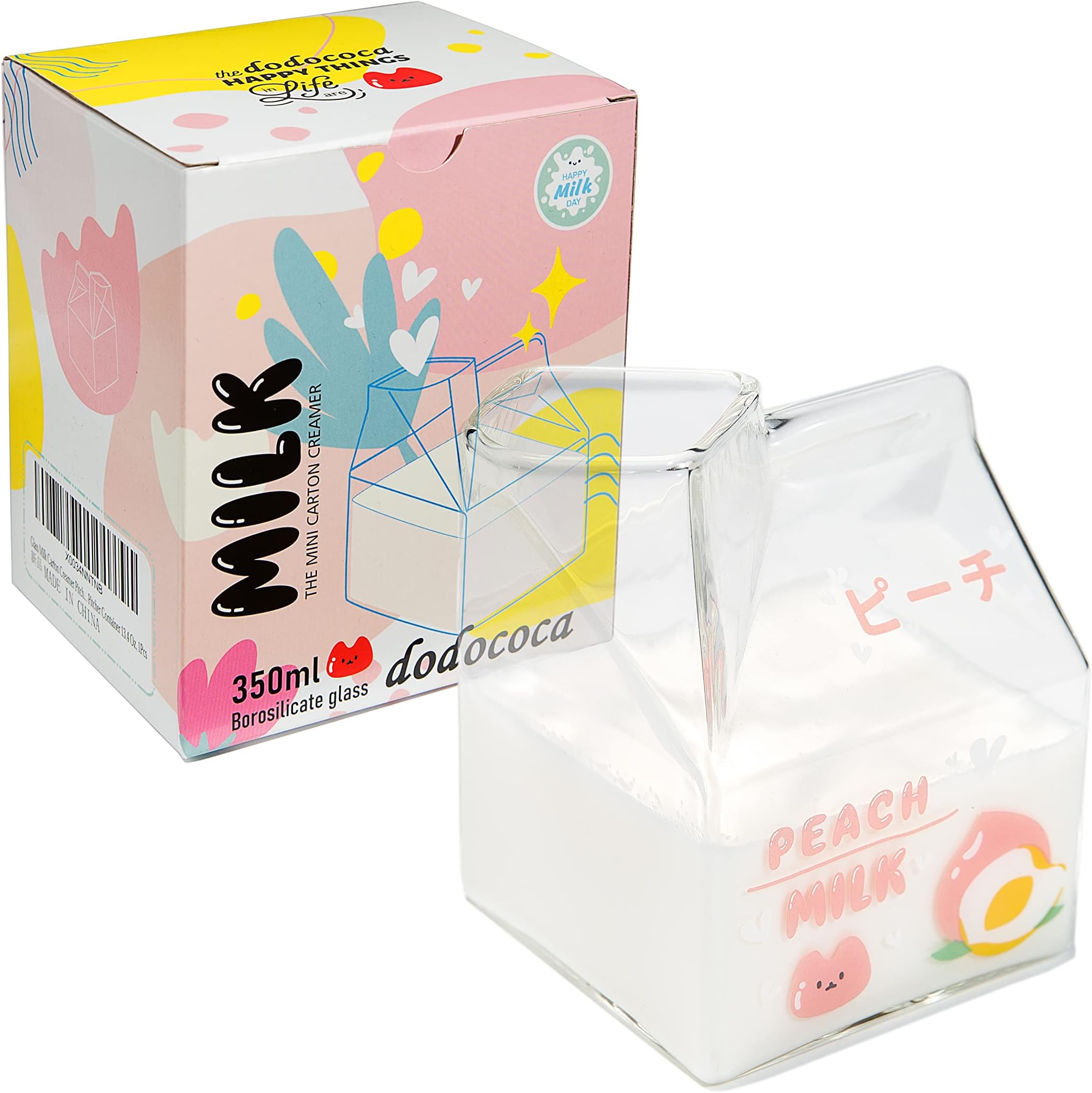 Kawaii Glass Milk Carton Cup Clear Cute Milk Cup Mini Creamer Pitcher Container Microwavable 12 Oz, 1Pcs(Peach)