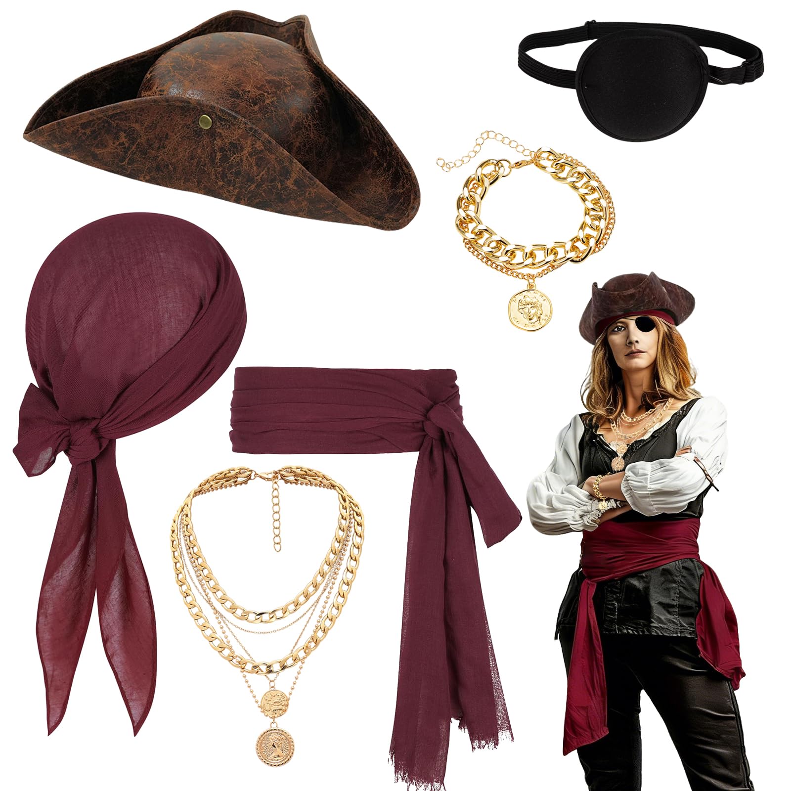 ZhuXIXILiang 6pcs Pirate Costume Accessories Set Pirate Fancy Dress with Hat Bandana Head Scarf Sash Eye Patch Belt Necklace Bracelet for Cosplay Party Medieval Renaissance Pirate Costume (brown)