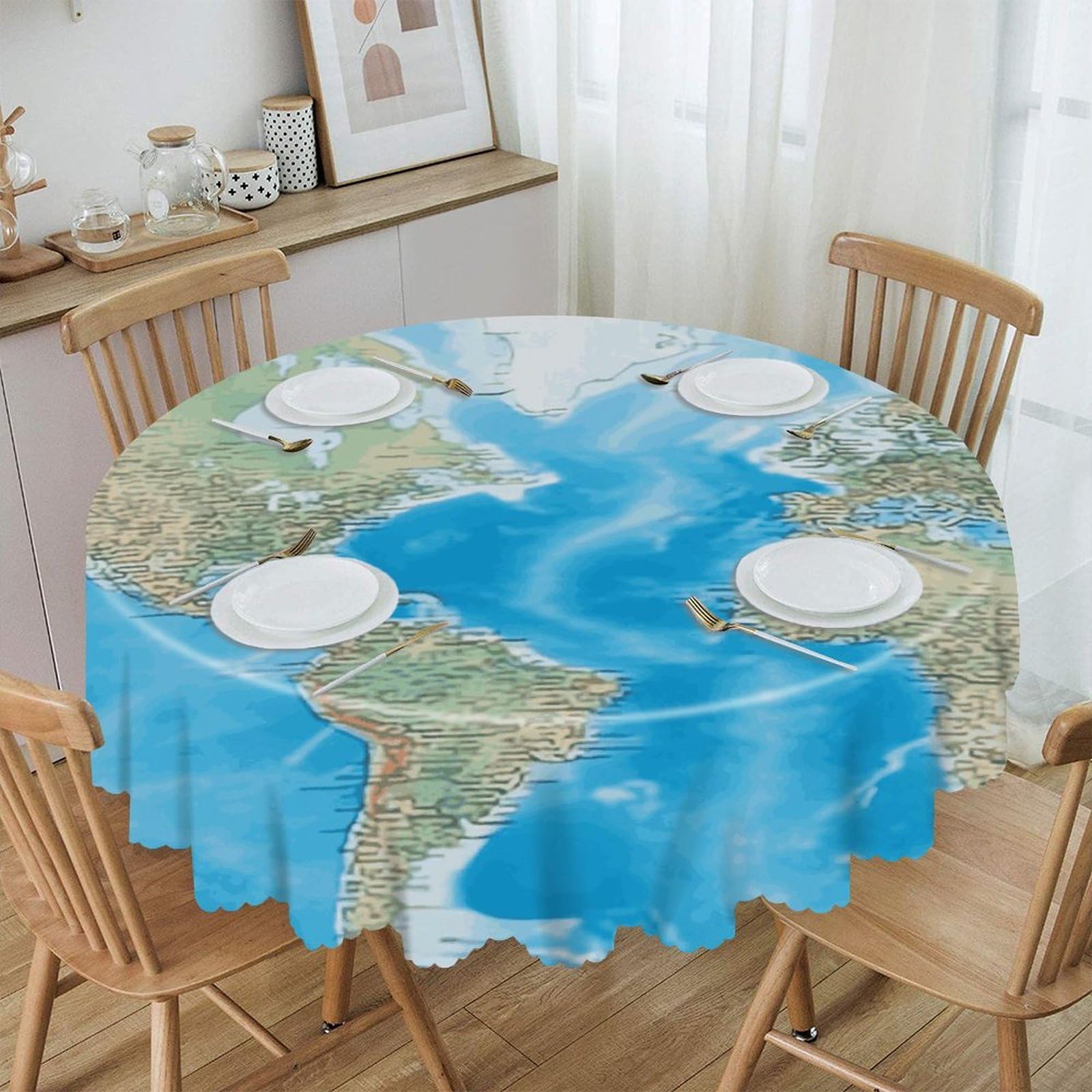 VstaDank World Map Round Tablecloth Wipeable Round Polyester Tablecloth Waterproof Wrinkle Free Indoor and Outdoor Table Cover 60 Inch Decorative Farmhouse Table Cloth for Dining