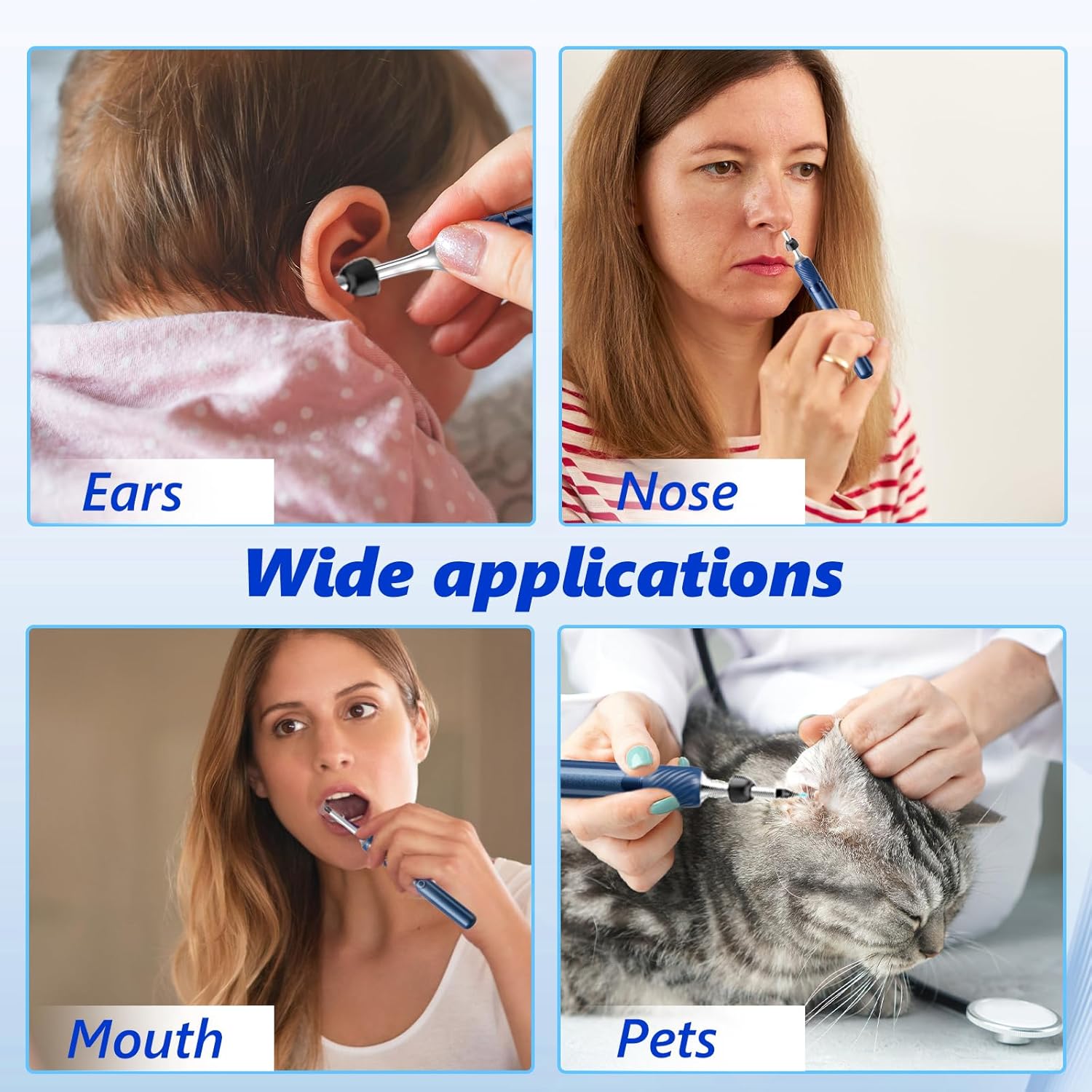 Four panels showing the ear wax removal tool being used for ears, nose, mouth, and pets