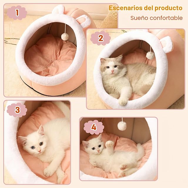 Foto 6 de 6 de PETCUTE Cama de Cueva para Gatos de Interior Con Cojín Extraíble, Acogedora y Cálida